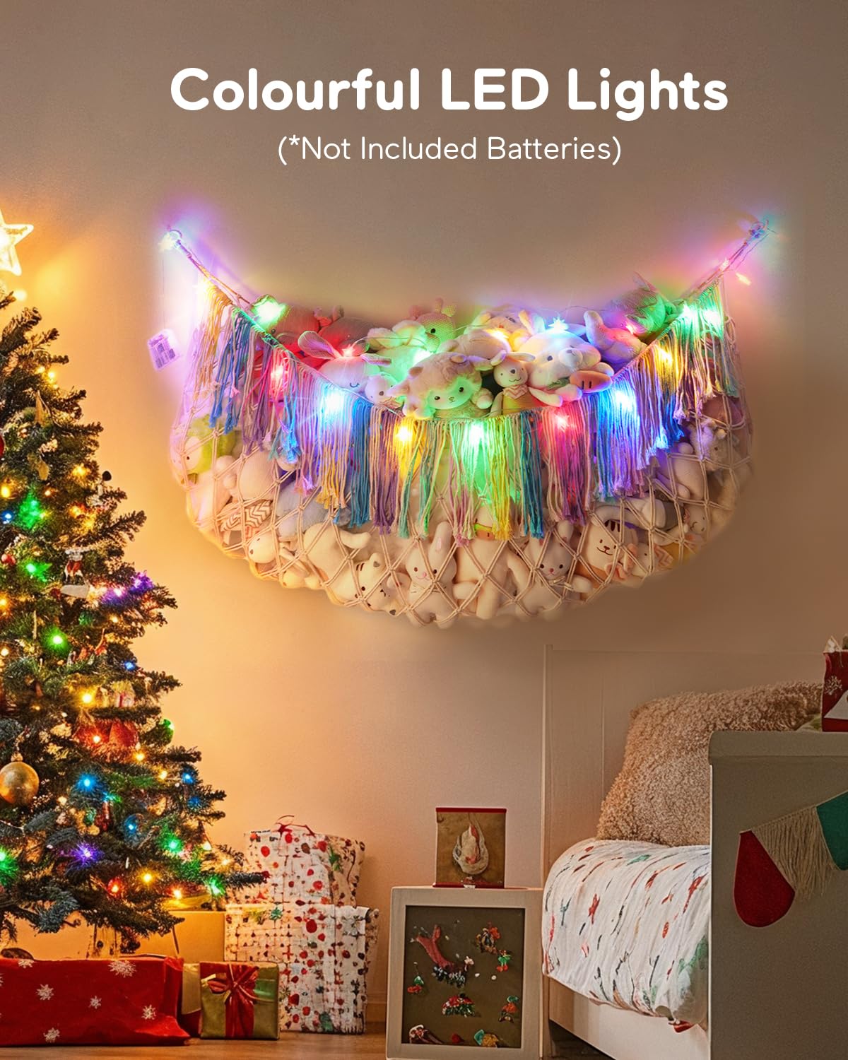 MORCCO stuffed animal hammock boho with rainbow tassels enhances nursery decor