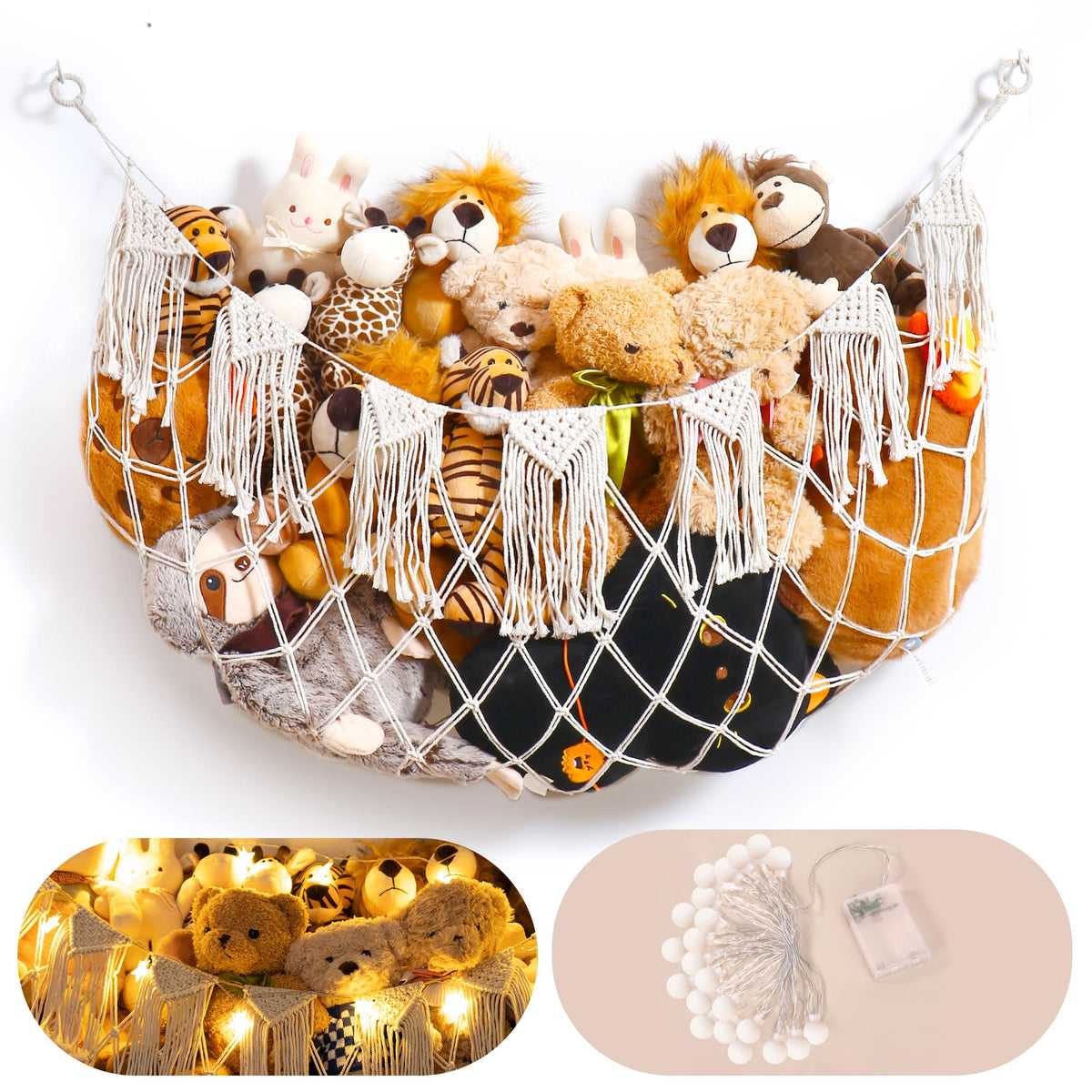 MORCCO stuffed animal hammock with lights mounted on wall for tidy plush display