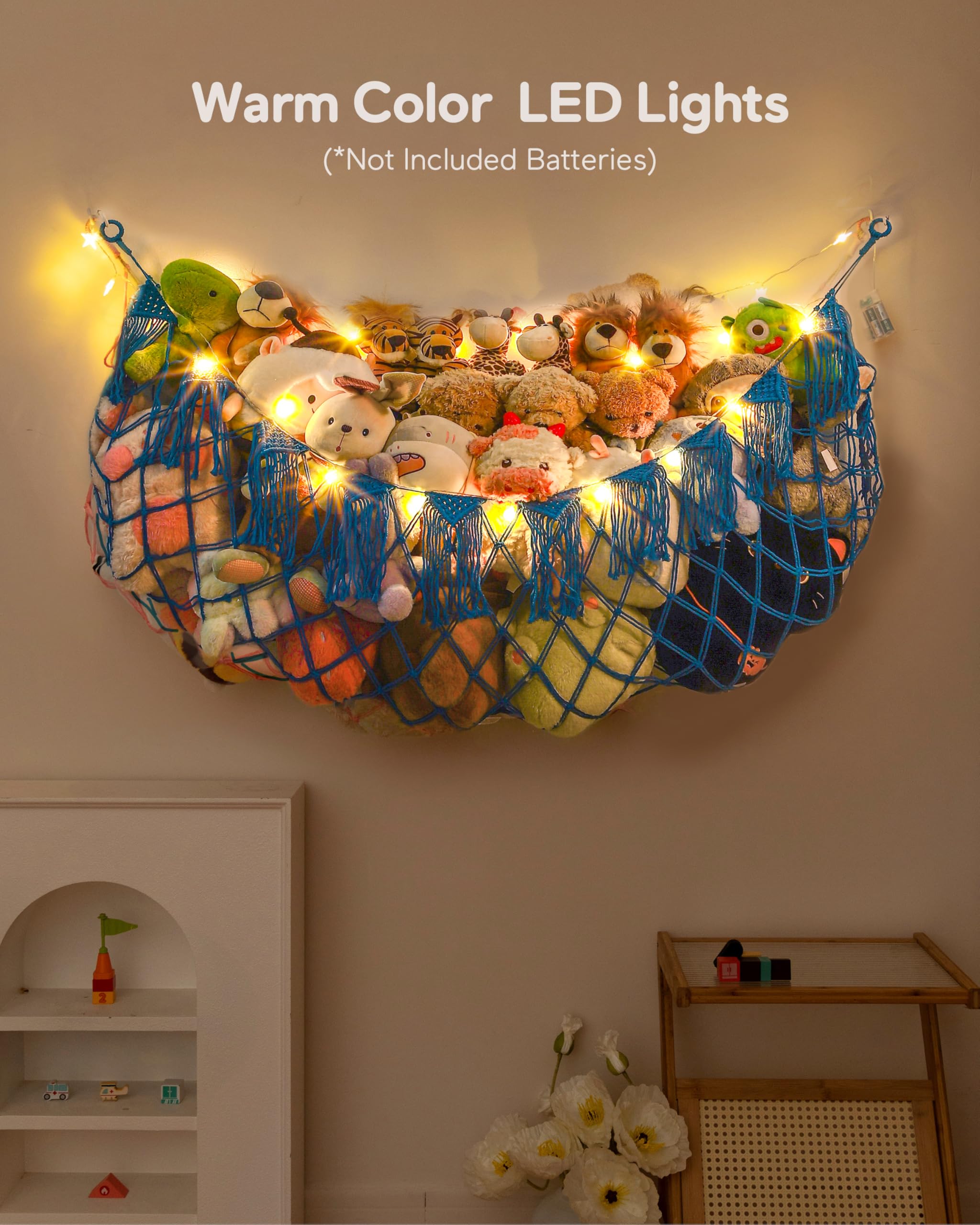 MORCCO plush toy hammock with night light tassels adds nursery charm.