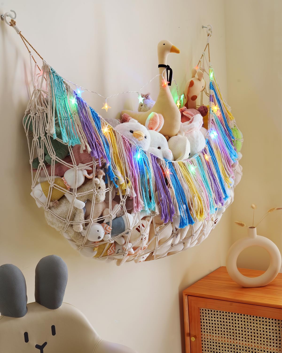 MORCCO stuffed animal hammock tidying playroom and encouraging organization