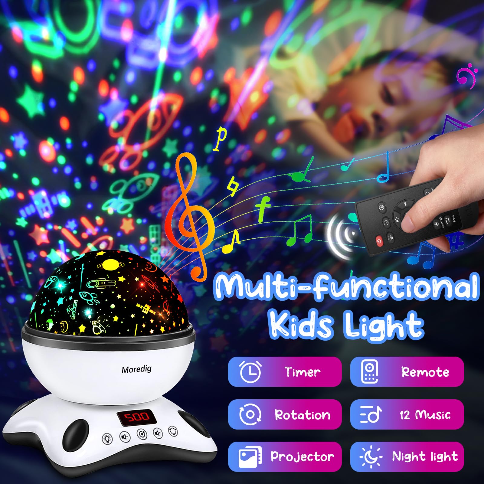 Moredig night light projector showing 18 effects for imagination at night