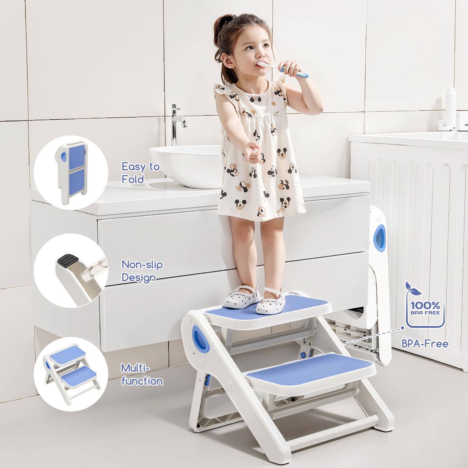 MoreFeel 2-step stool in kitchen helping child reach high surfaces safely