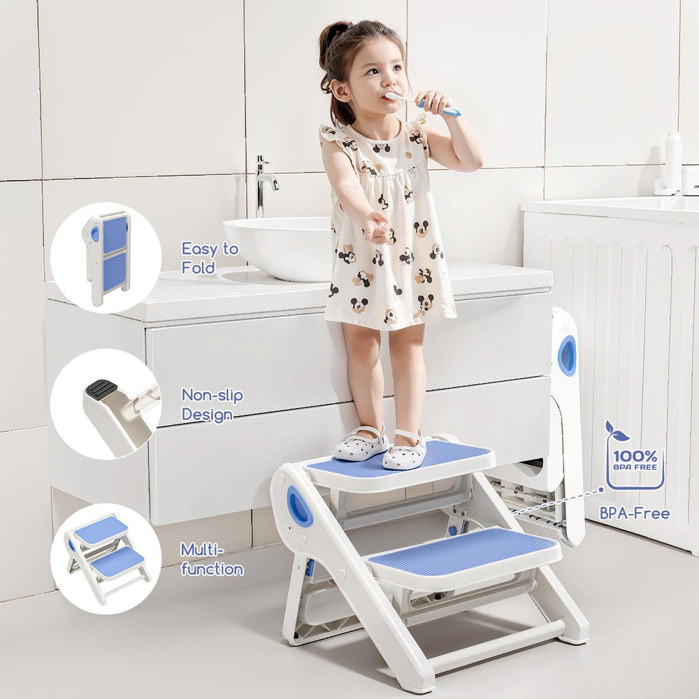 MoreFeel 2-step stool in kitchen helping child reach high surfaces safely