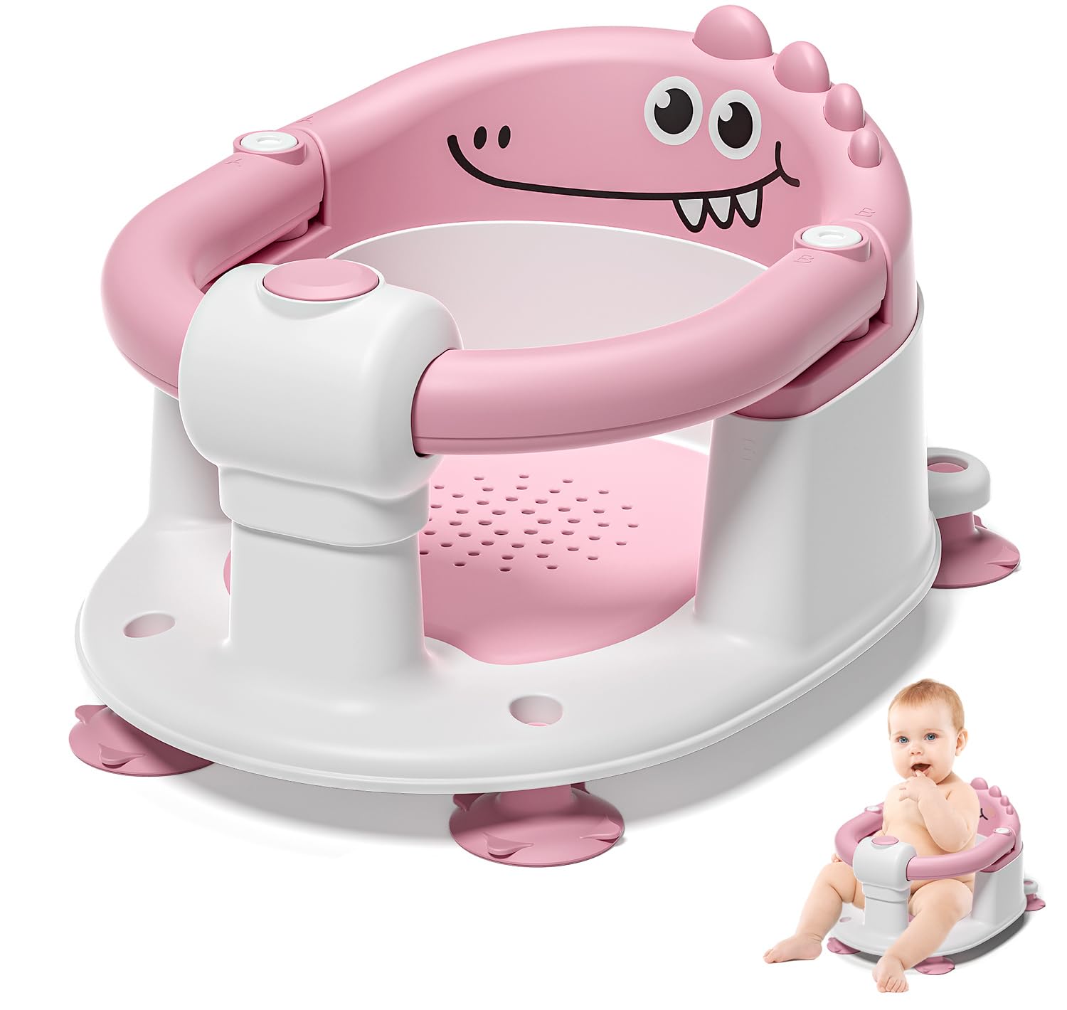 MoreFeel baby bath seat with dino design supports secure, fun bath time.