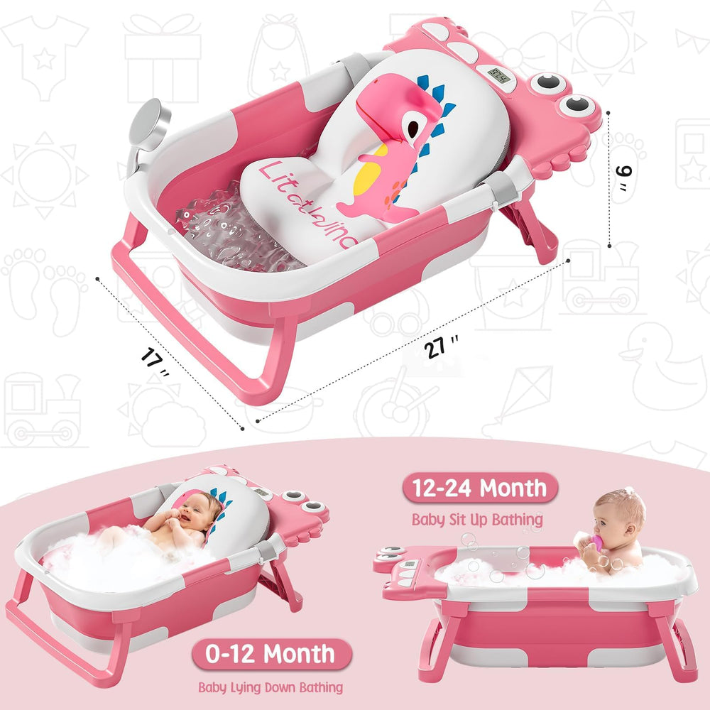 MoreFeel bathtub with thermometer displays real-time temperature for baby's comfort.