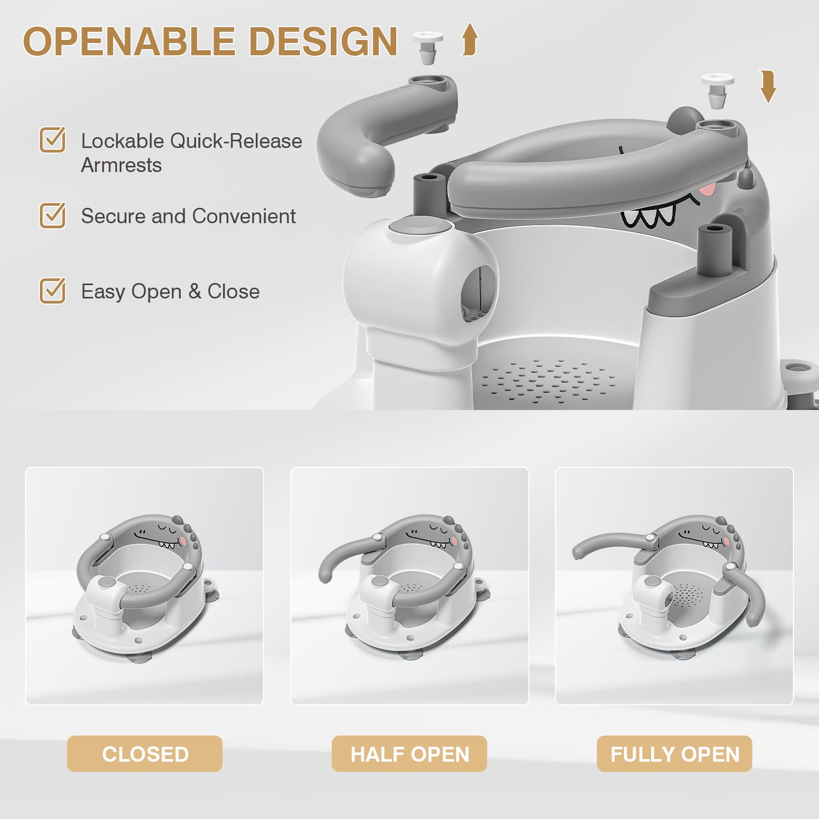 MoreFeel bath seat with open armrests simplifies placing and lifting your baby.