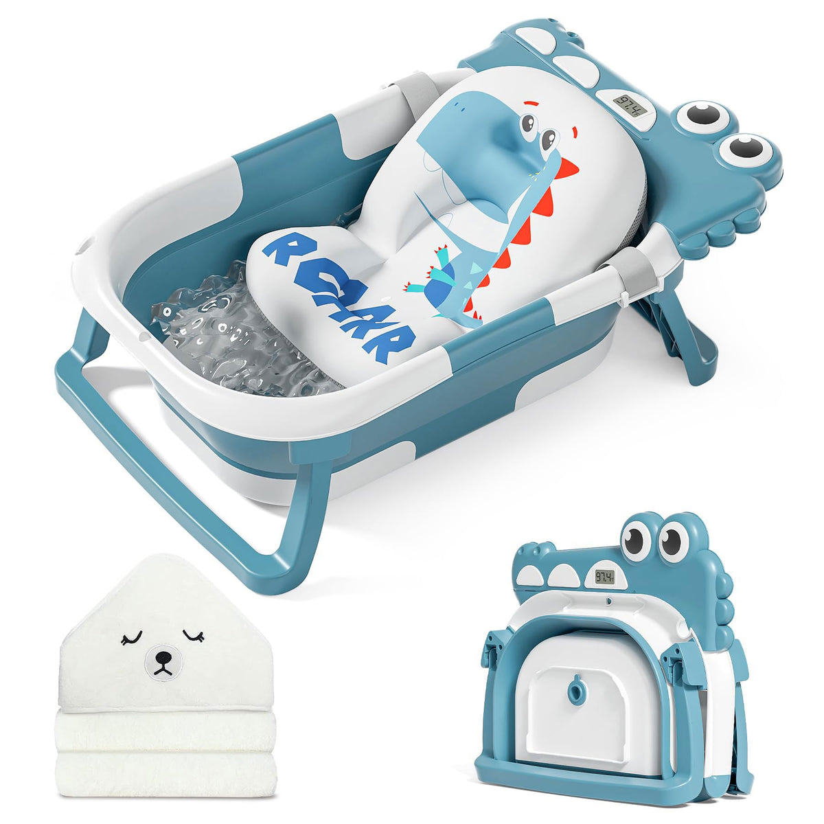 MoreFeel collapsible bath folded compactly for space-saving storage in small nurseries.