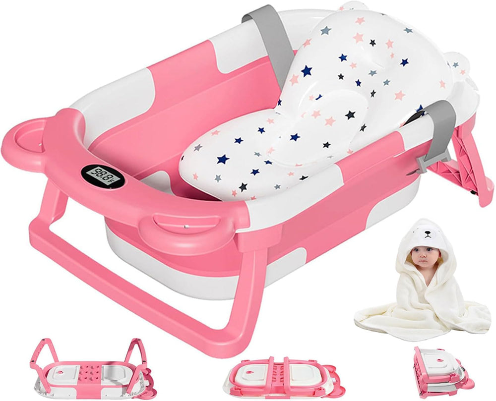 MoreFeel collapsible baby bathtub folded for compact, space-saving storage.