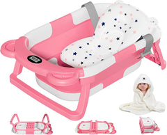 MoreFeel collapsible baby bathtub folded for compact, space-saving storage.