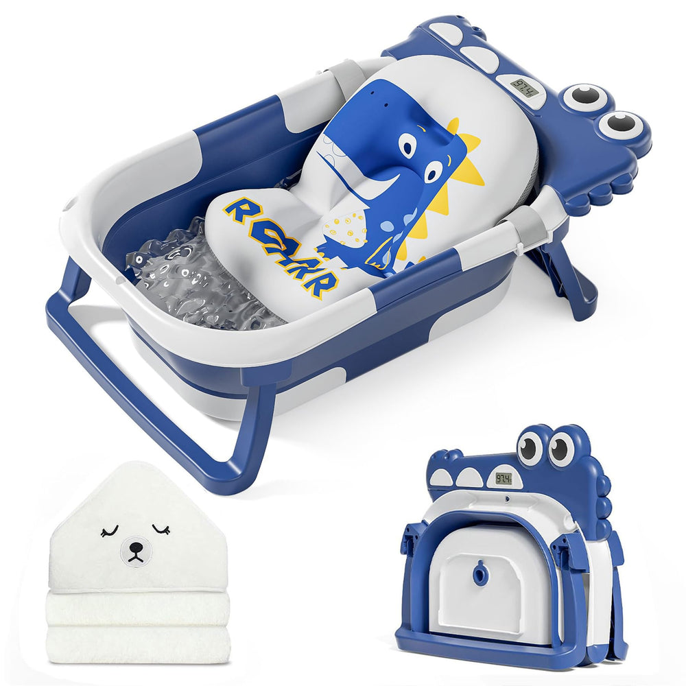 MoreFeel collapsible baby bathtub folded flat for compact storage and corner fit.