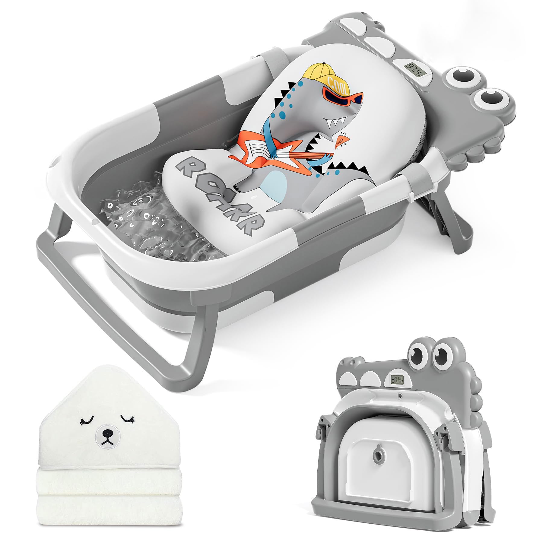 MoreFeel collapsible baby bathtub folded compactly for storage and travel