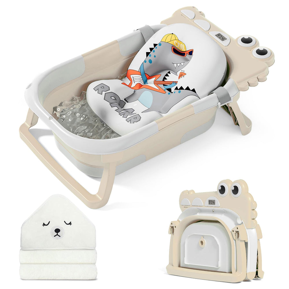 MoreFeel collapsible baby bathtub folded for space-saving storage.