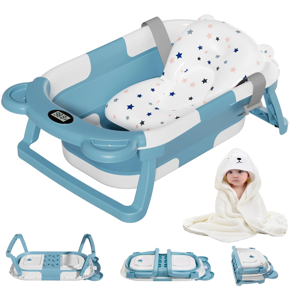 MoreFeel collapsible baby bathtub folded for compact storage