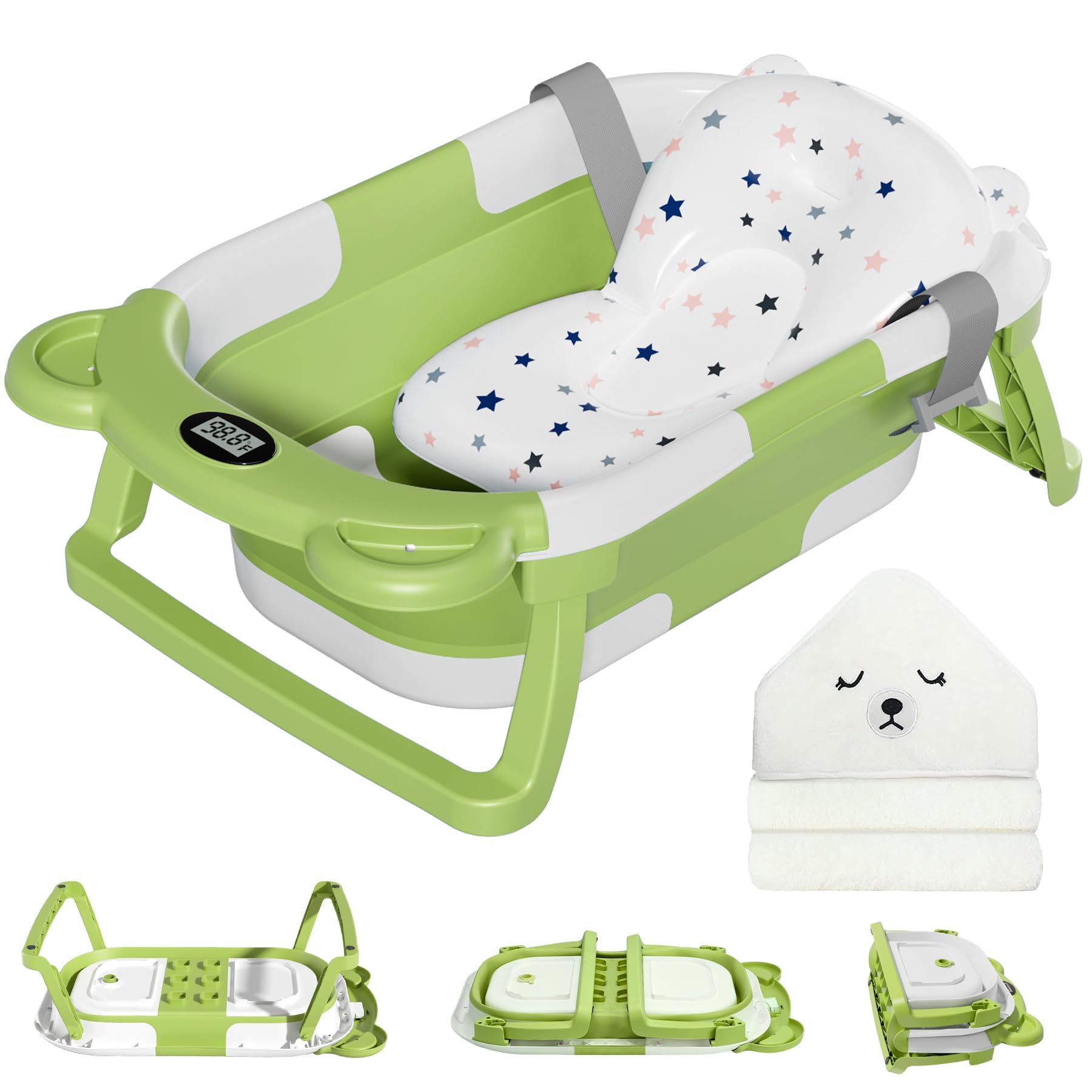 MoreFeel collapsible baby bathtub folded for space-saving storage and quick setup