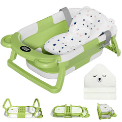 MoreFeel collapsible baby bathtub folded for space-saving storage and quick setup