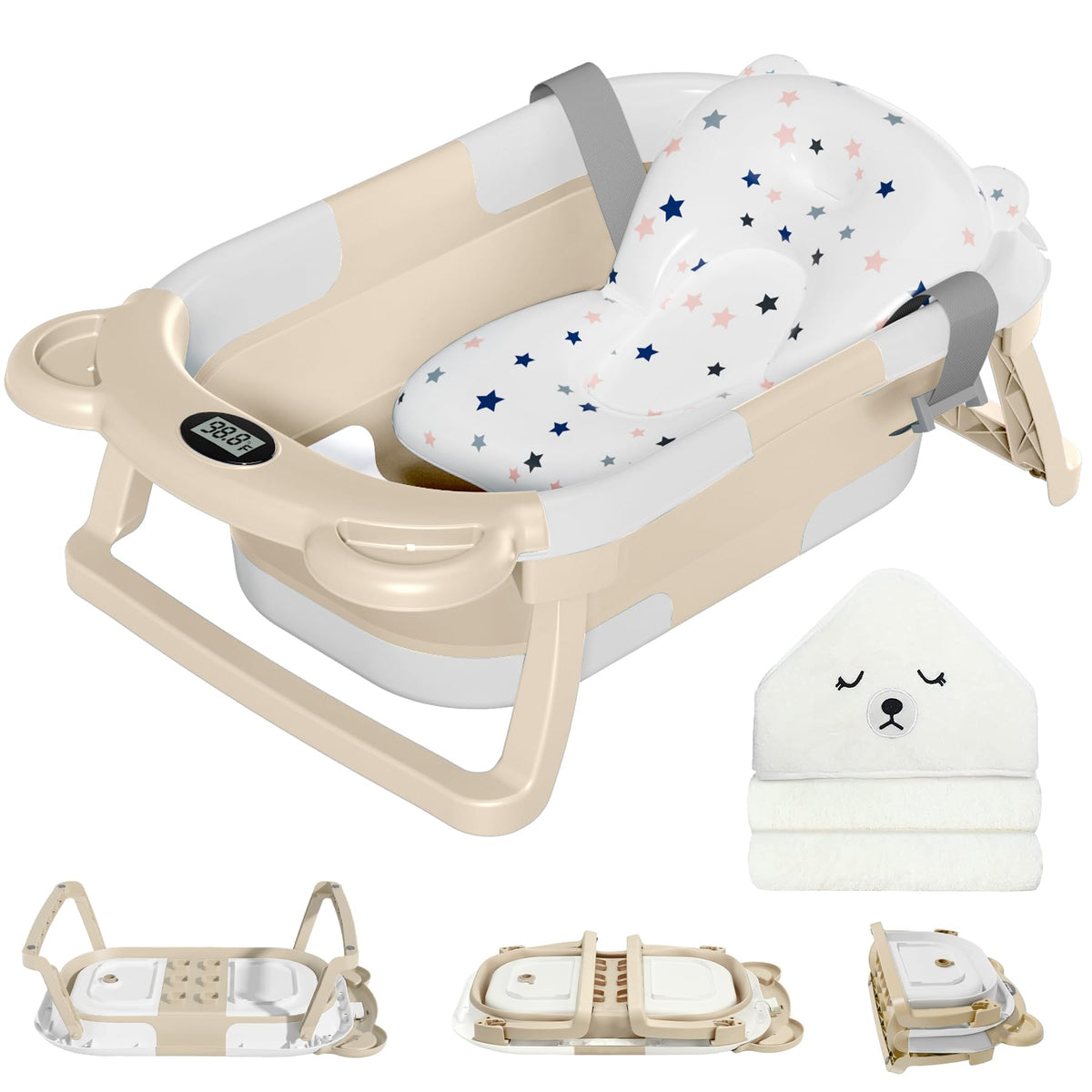 MoreFeel collapsible baby bathtub folded for compact storage and travel convenience