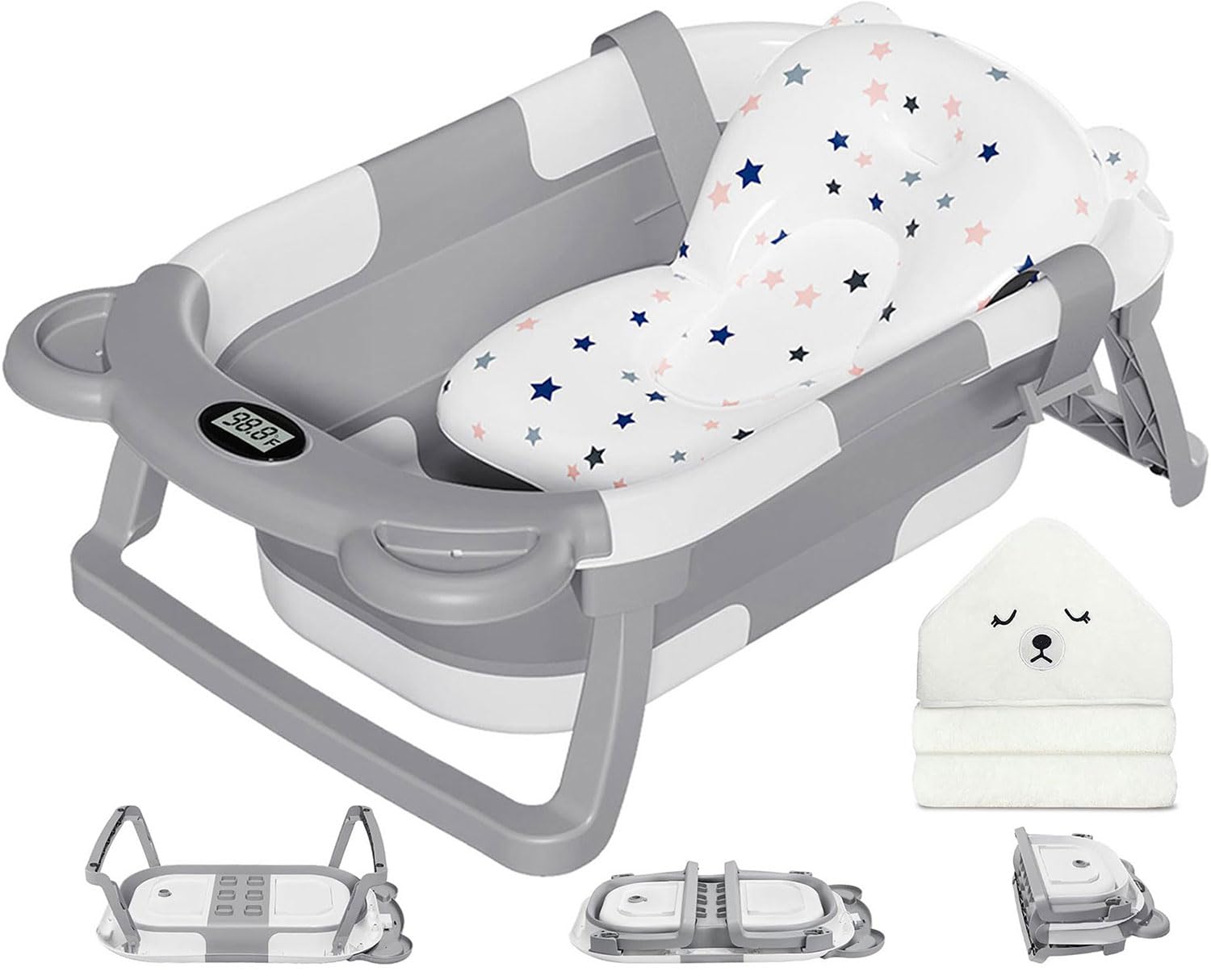 MoreFeel collapsible baby bathtub folded for compact storage and quick setup.