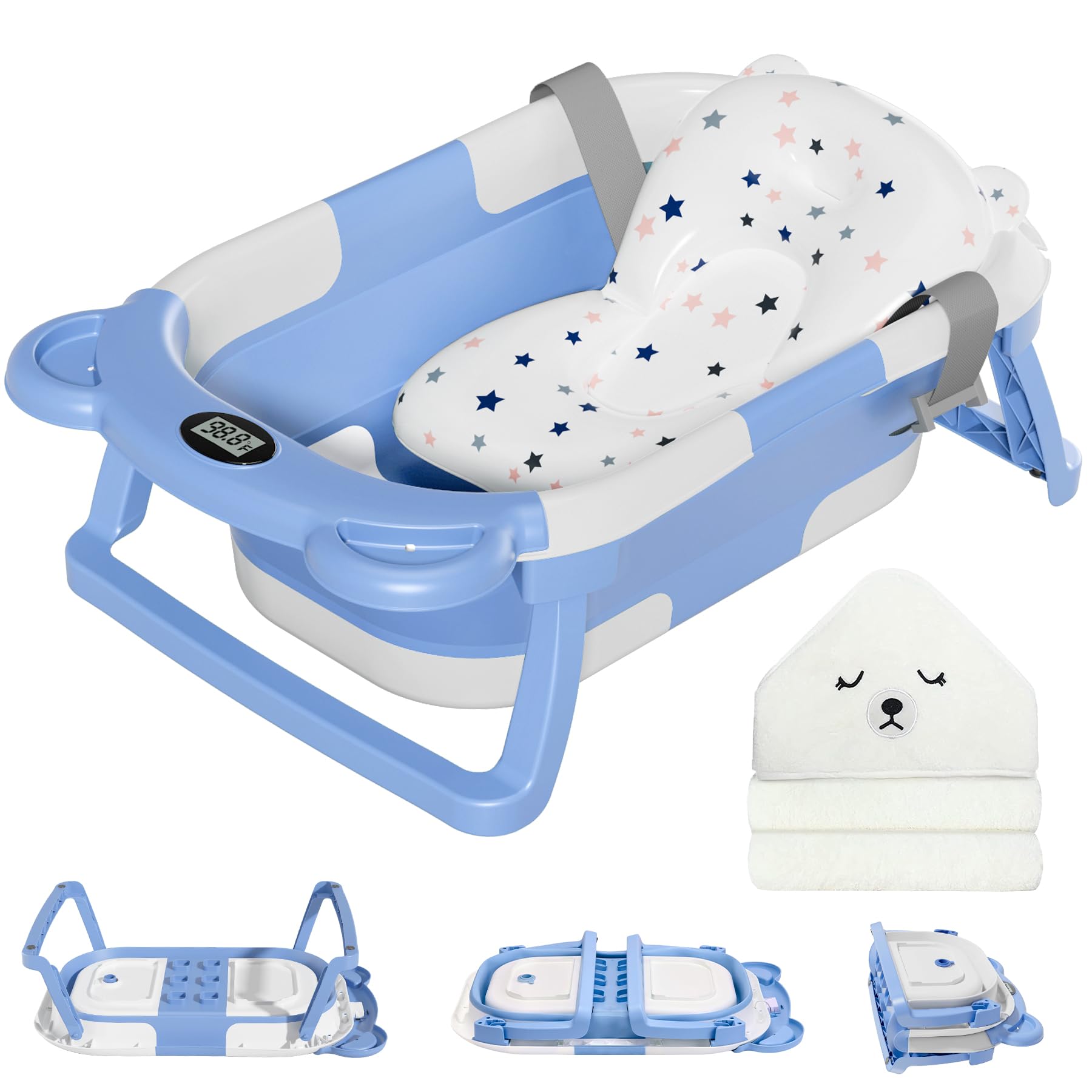 MoreFeel collapsible baby bathtub setup showing compact storage