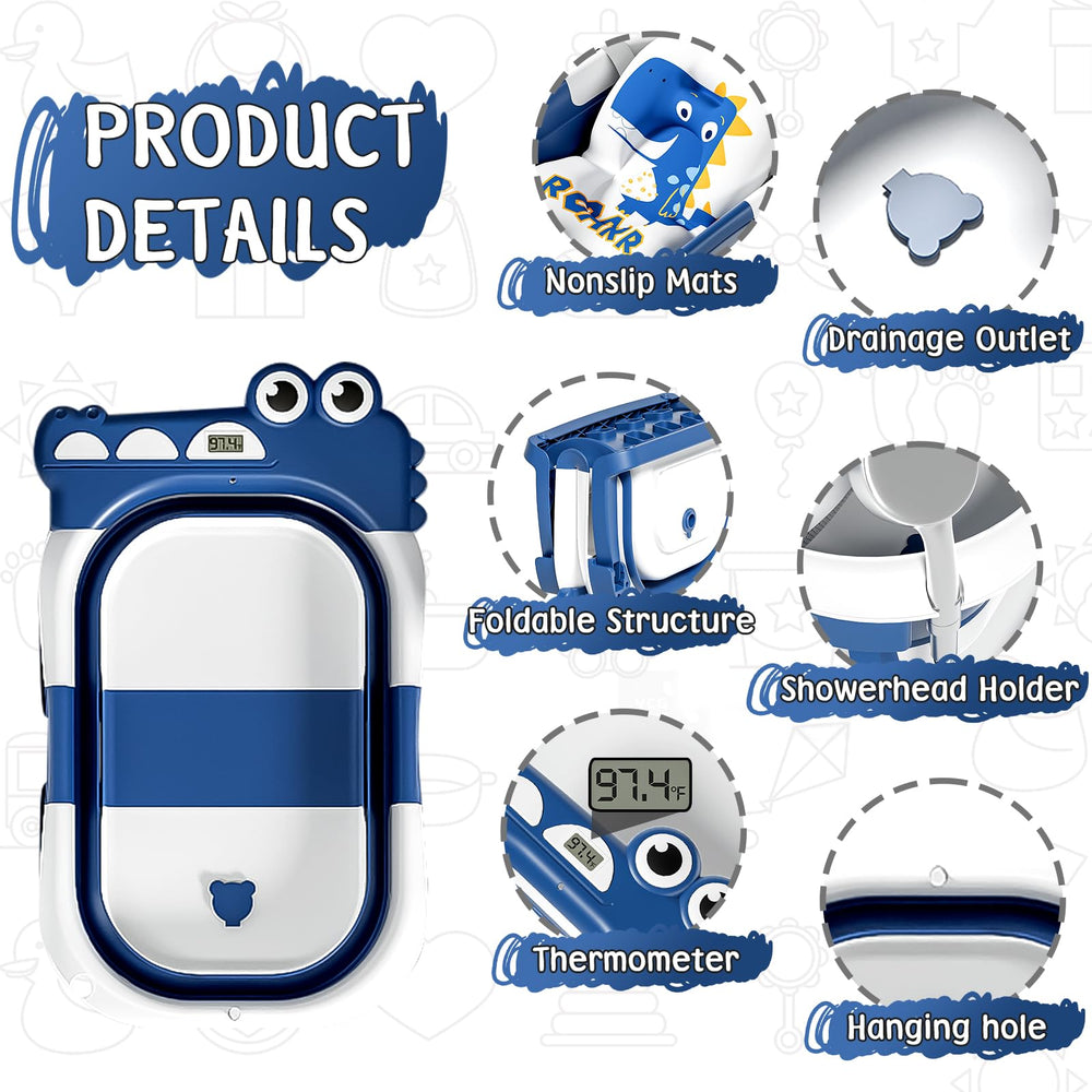 MoreFeel collapsible baby bathtub thermometer display shows real-time water temperature.