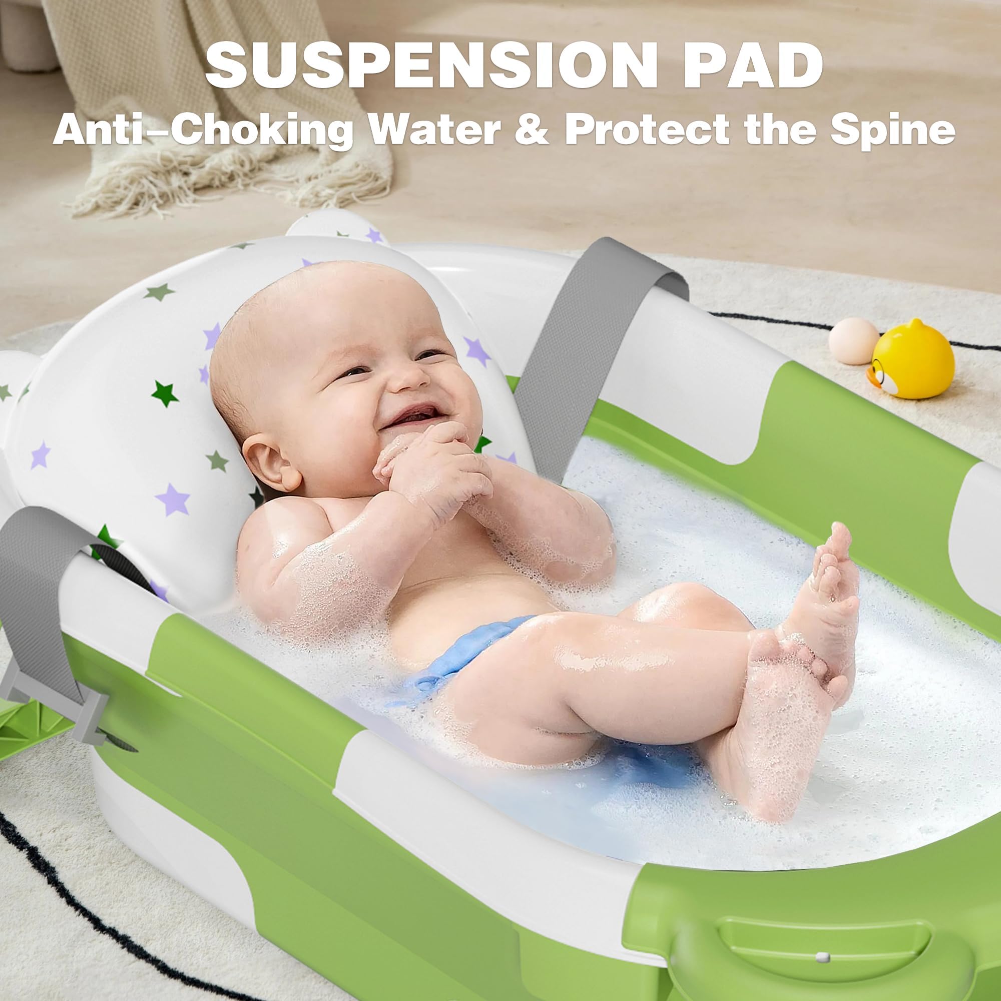 MoreFeel collapsible bathtub with thermometer display showing real-time bath temperature