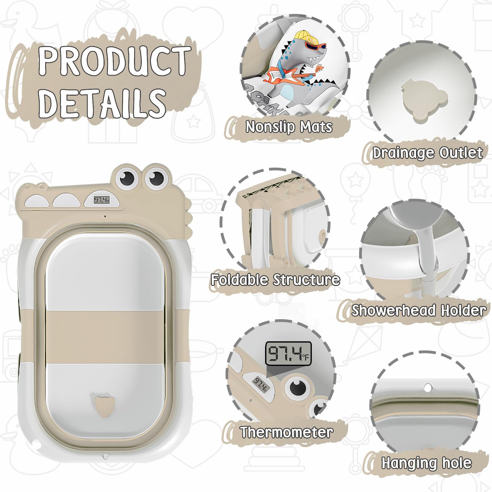 MoreFeel collapsible baby bathtub with thermometer for real-time temperature.