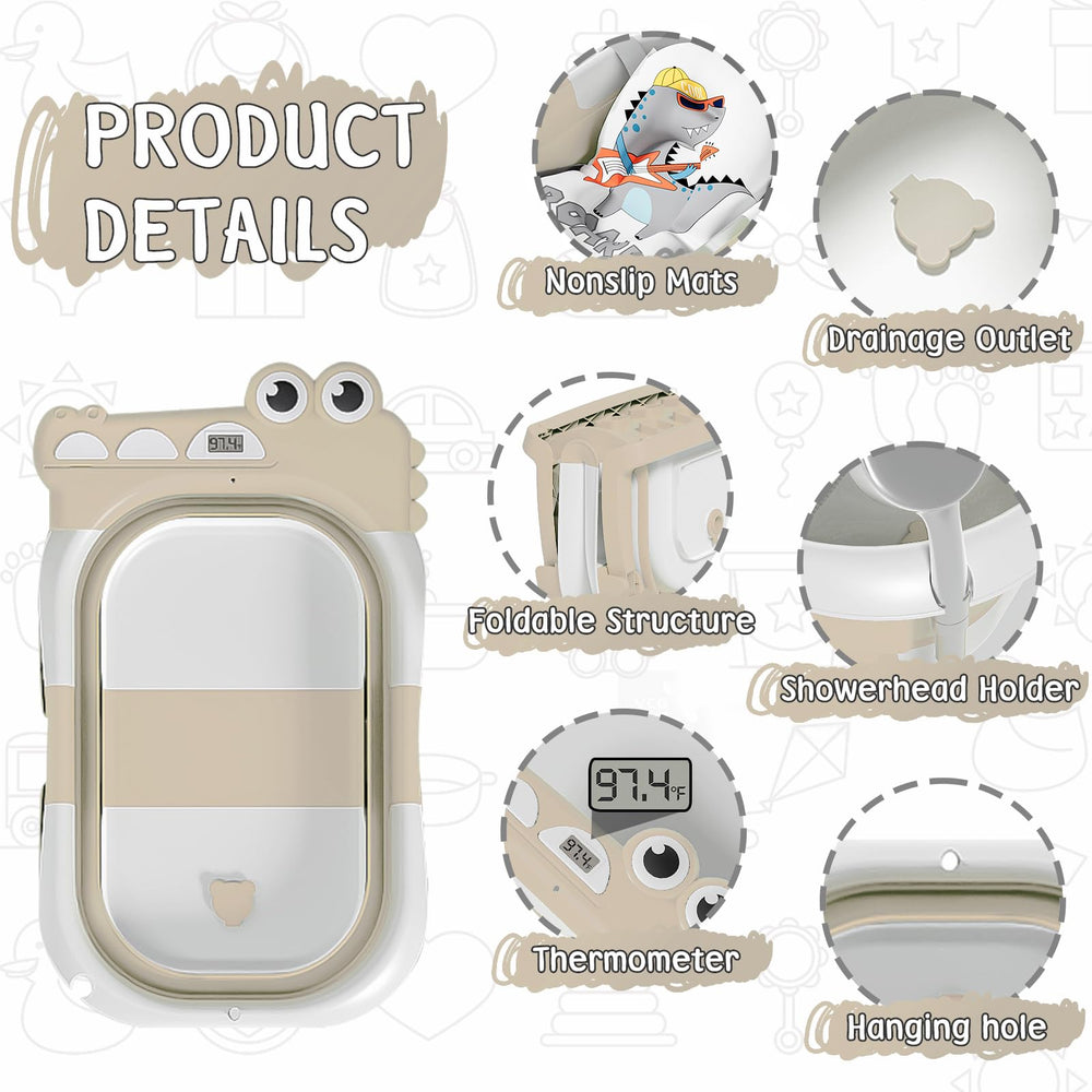 MoreFeel collapsible baby bathtub with thermometer for real-time temperature.