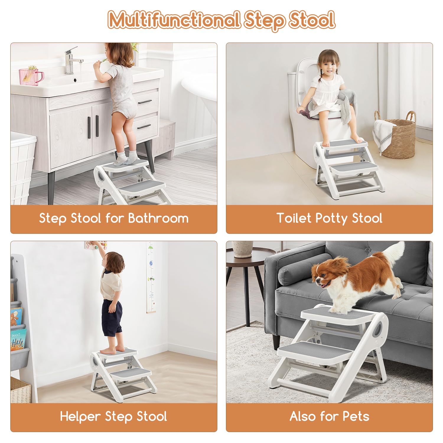 MoreFeel foldable toddler stool compact storage tucked behind door for space-saving solution.