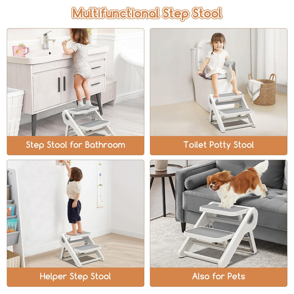 MoreFeel foldable toddler stool compact storage tucked behind door for space-saving solution.