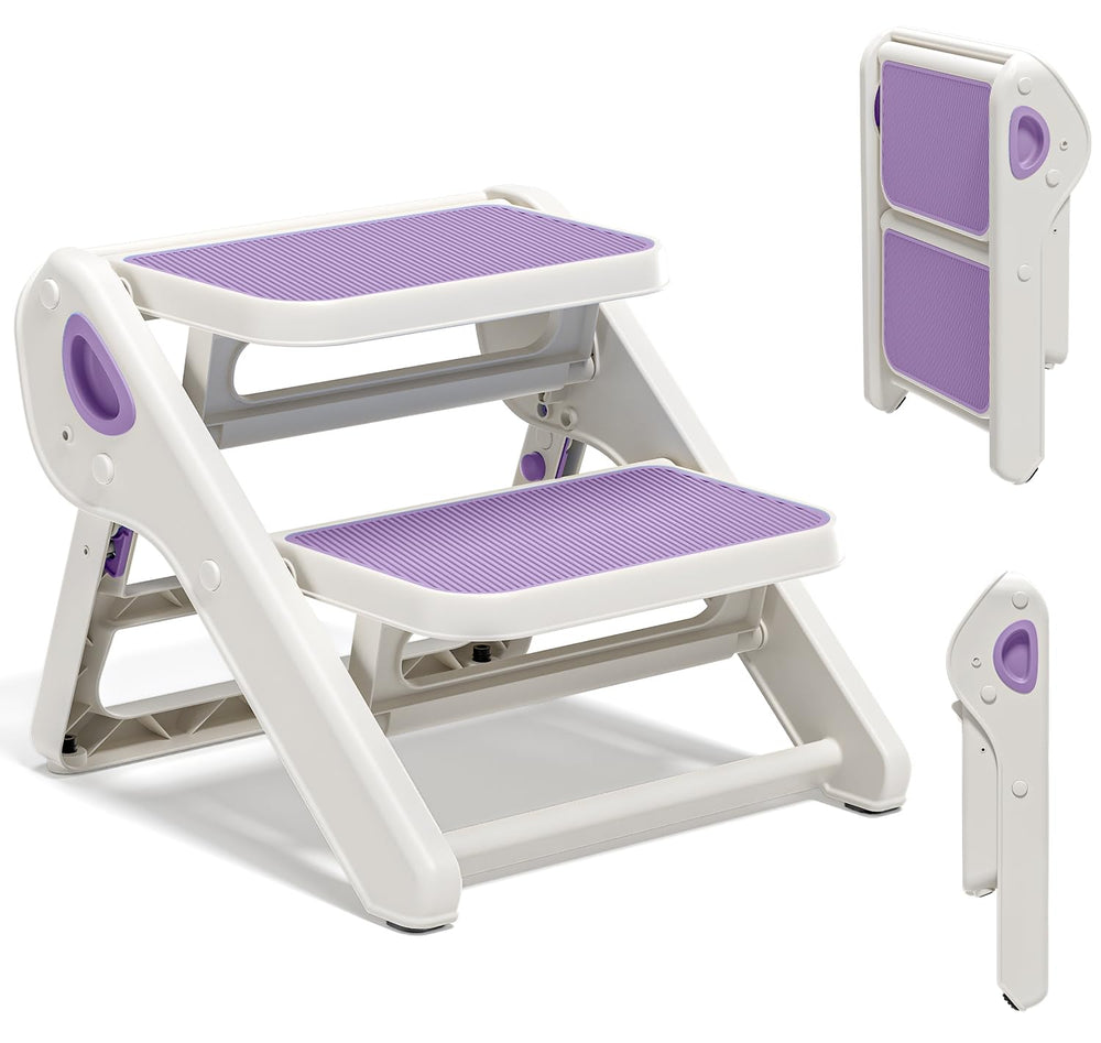 MoreFeel foldable toddler stool folded for compact storage behind a door.