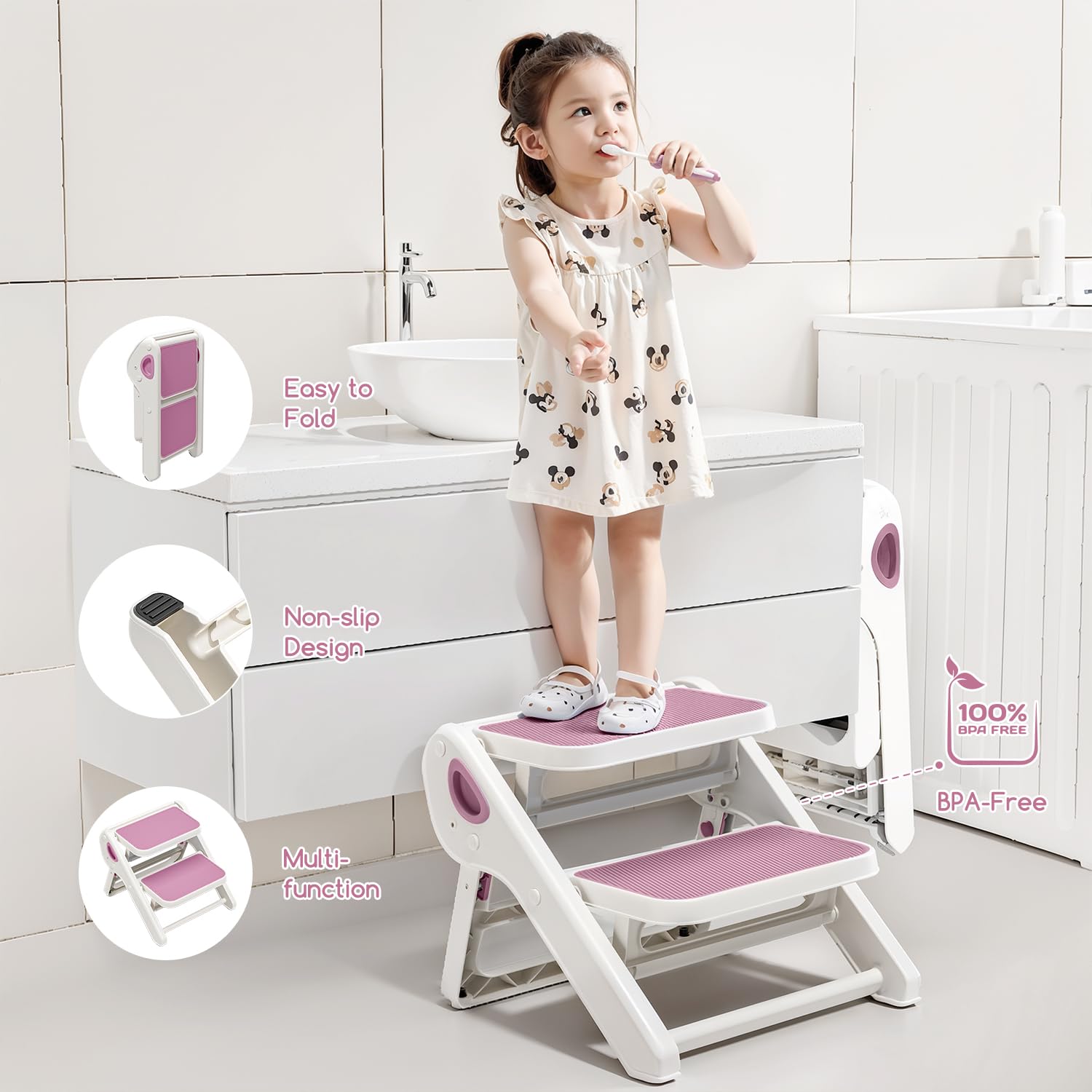 MoreFeel foldable toddler stool folded for easy storage behind doors or under furniture.