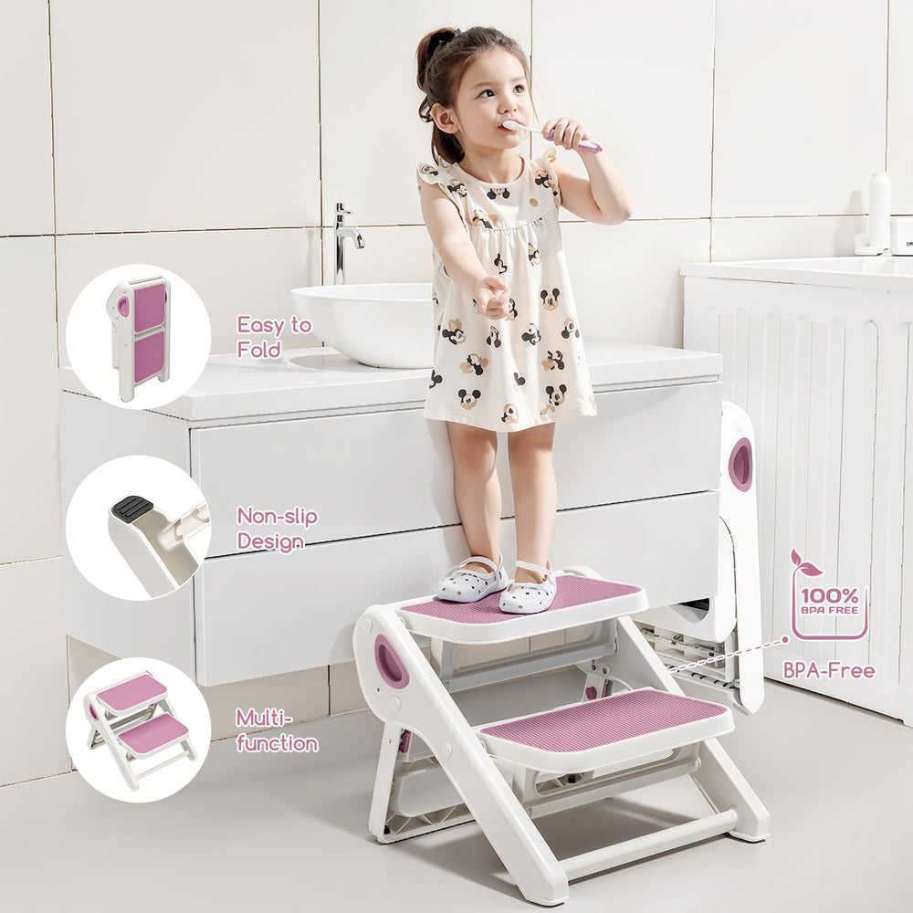 MoreFeel foldable toddler stool folded for easy storage behind doors or under furniture.