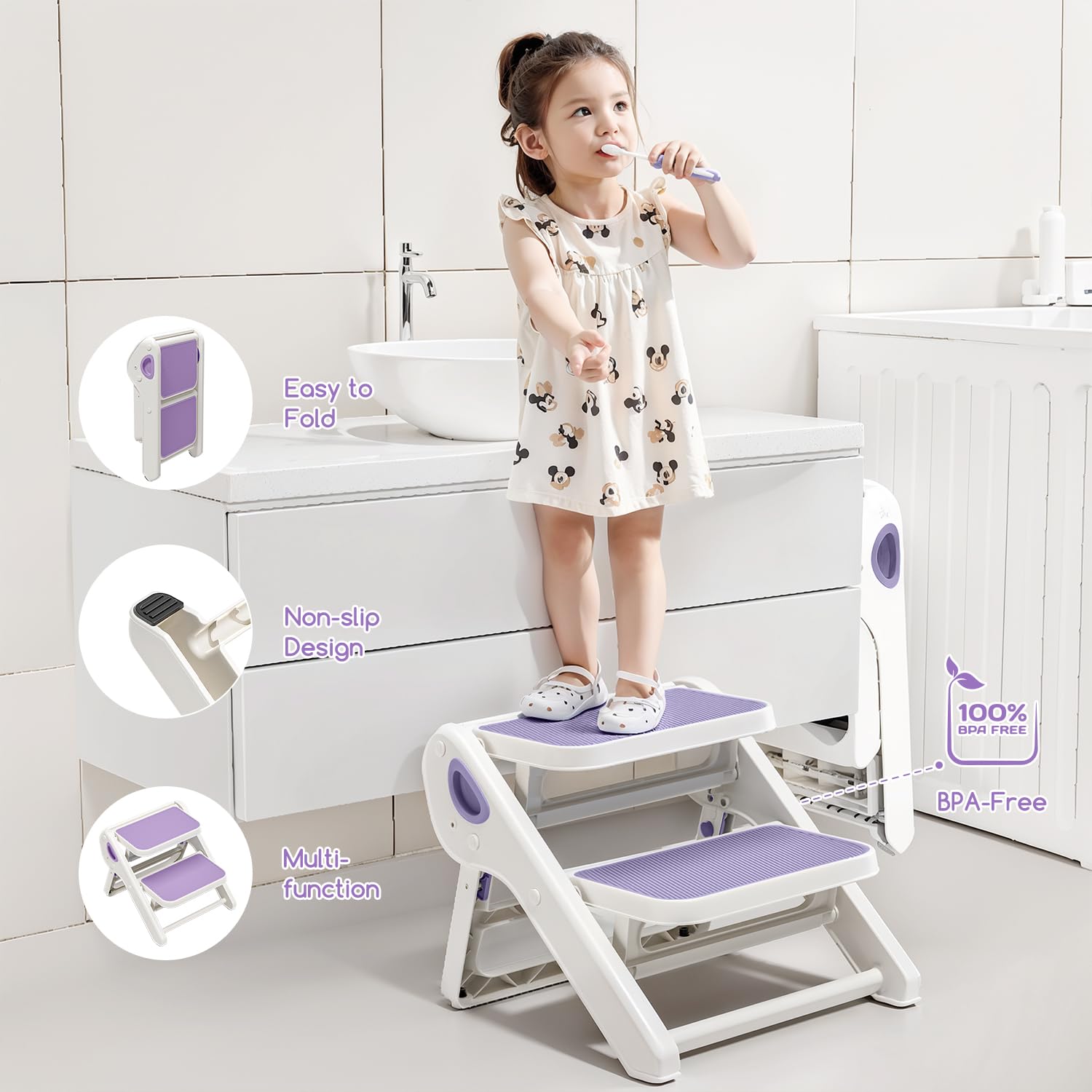 MoreFeel foldable toddler stool open and ready for everyday use.
