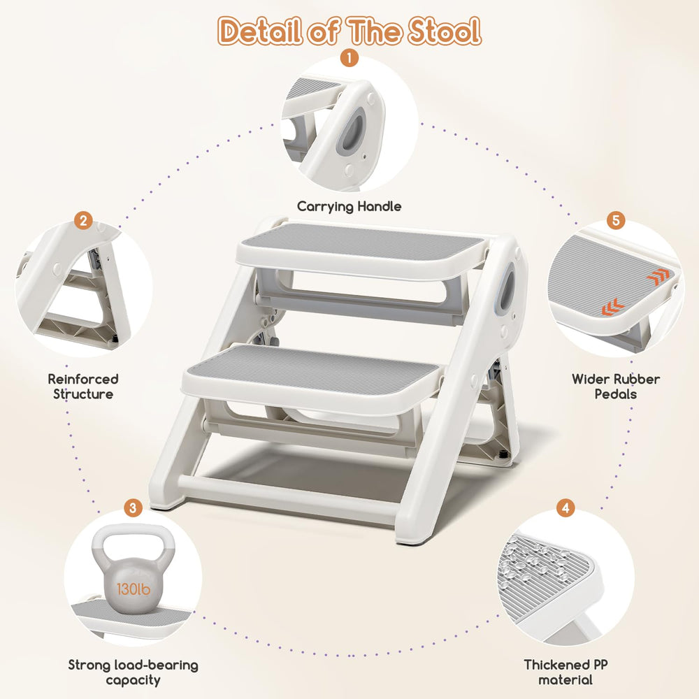 MoreFeel space-saving foldable stool fits behind doors for tidy storage.