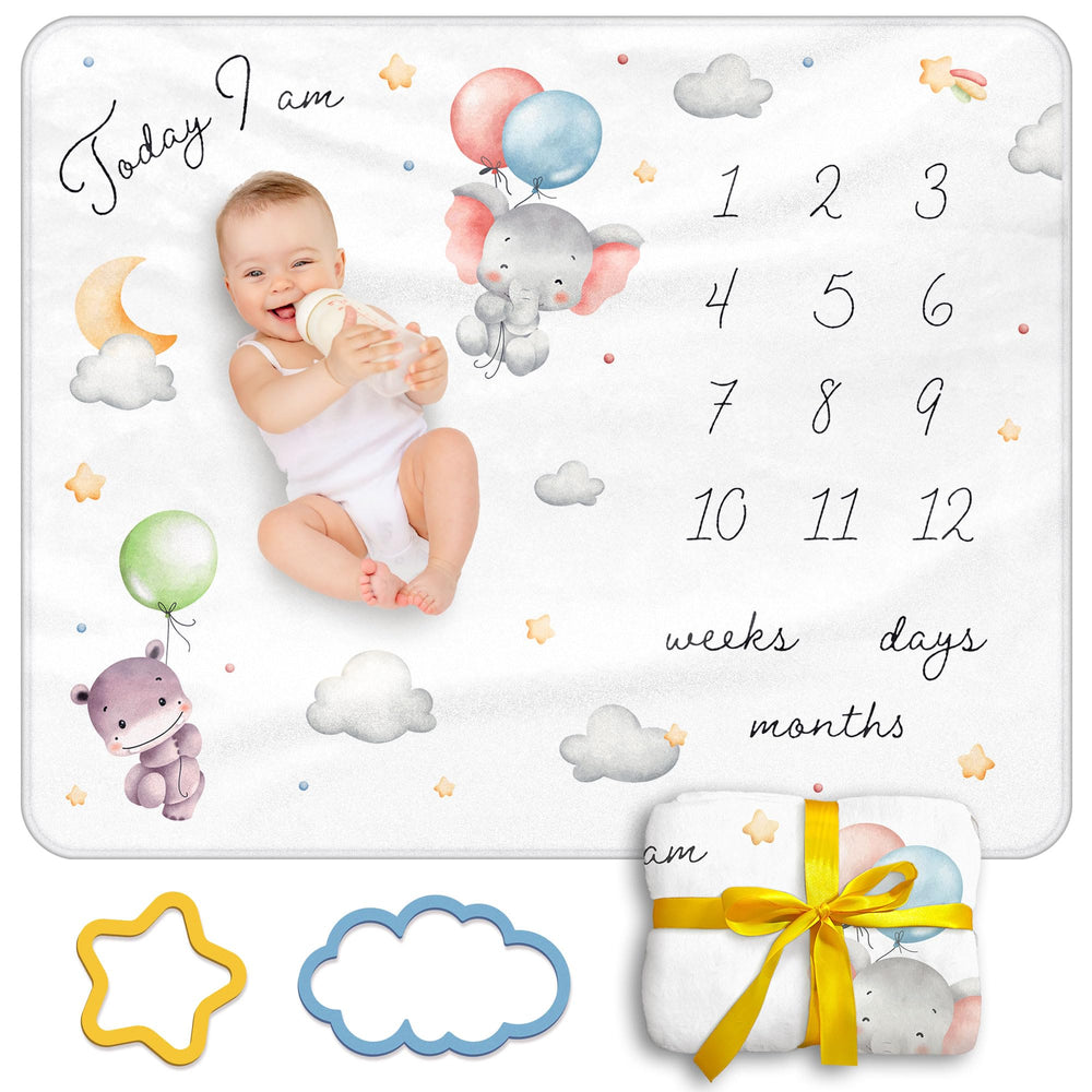 Moreiriny Baby Milestone Blanket layout with clouds and stars as a photo backdrop for monthly milestones