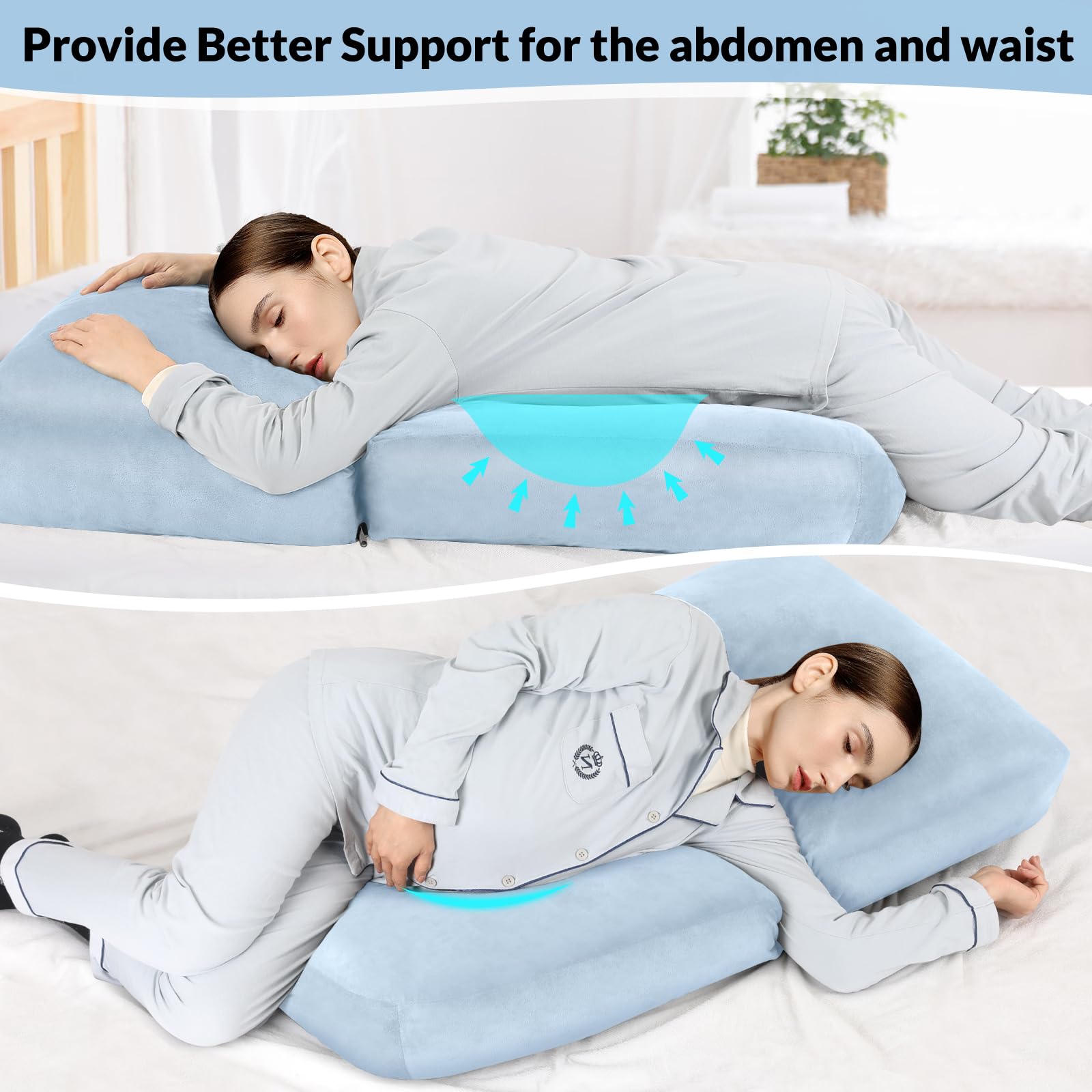 Morelexa pregnancy pillow abdomen-cutout design accommodates belly curve for gentle support.