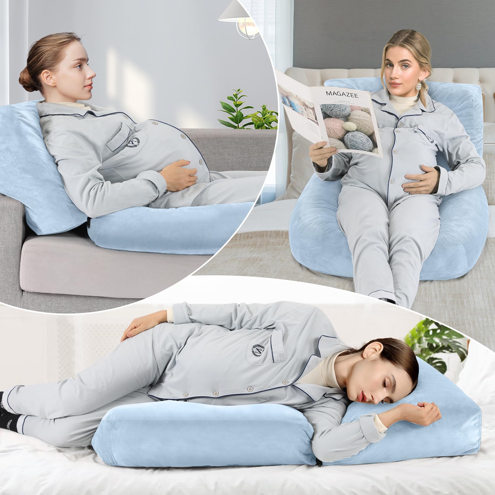 Morelexa pregnancy pillow in a bedroom scene shows cozy, durable comfort for nightly routines.