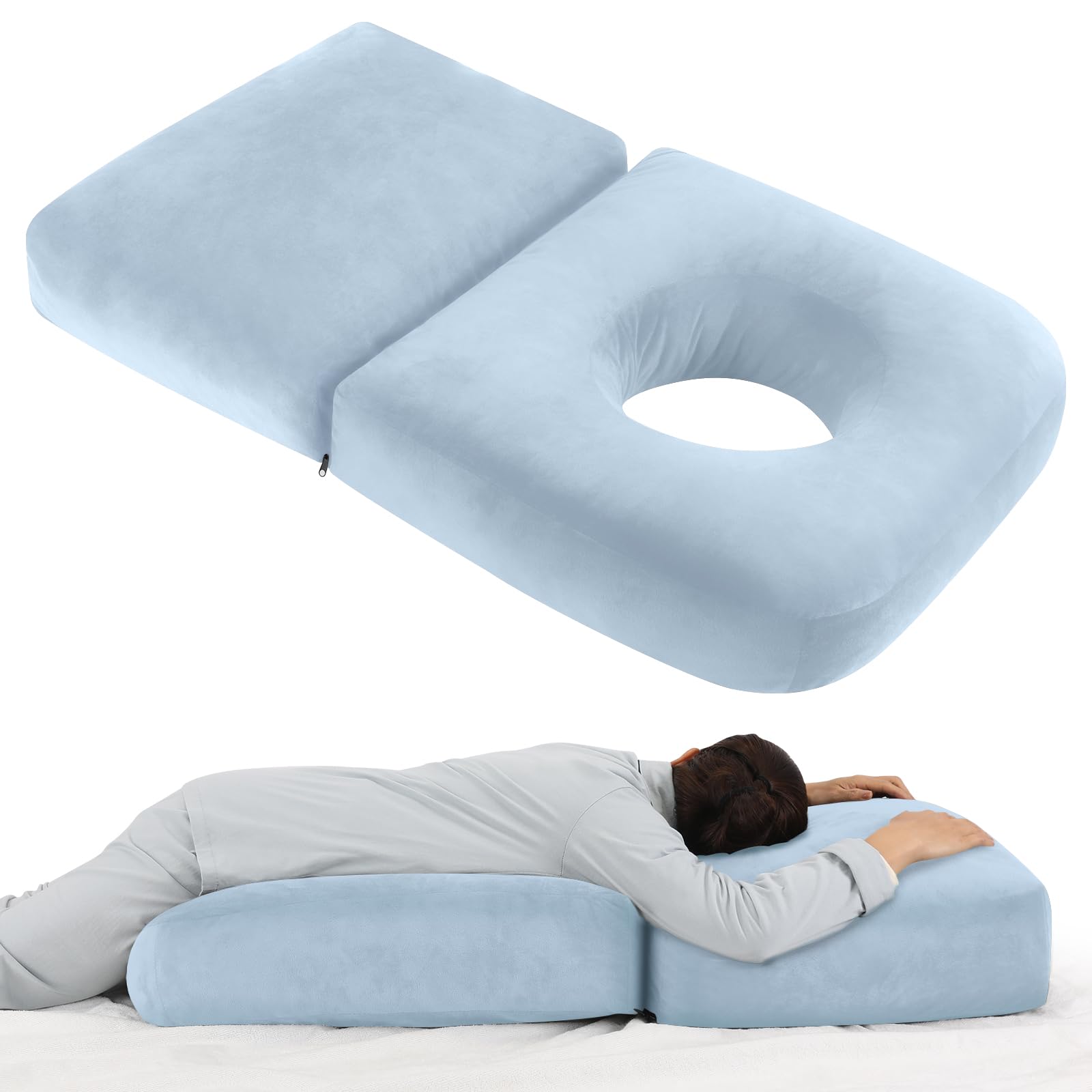 Morelexa pregnancy pillow full body 45.3-inch with light-blue cover supports back during sleep.