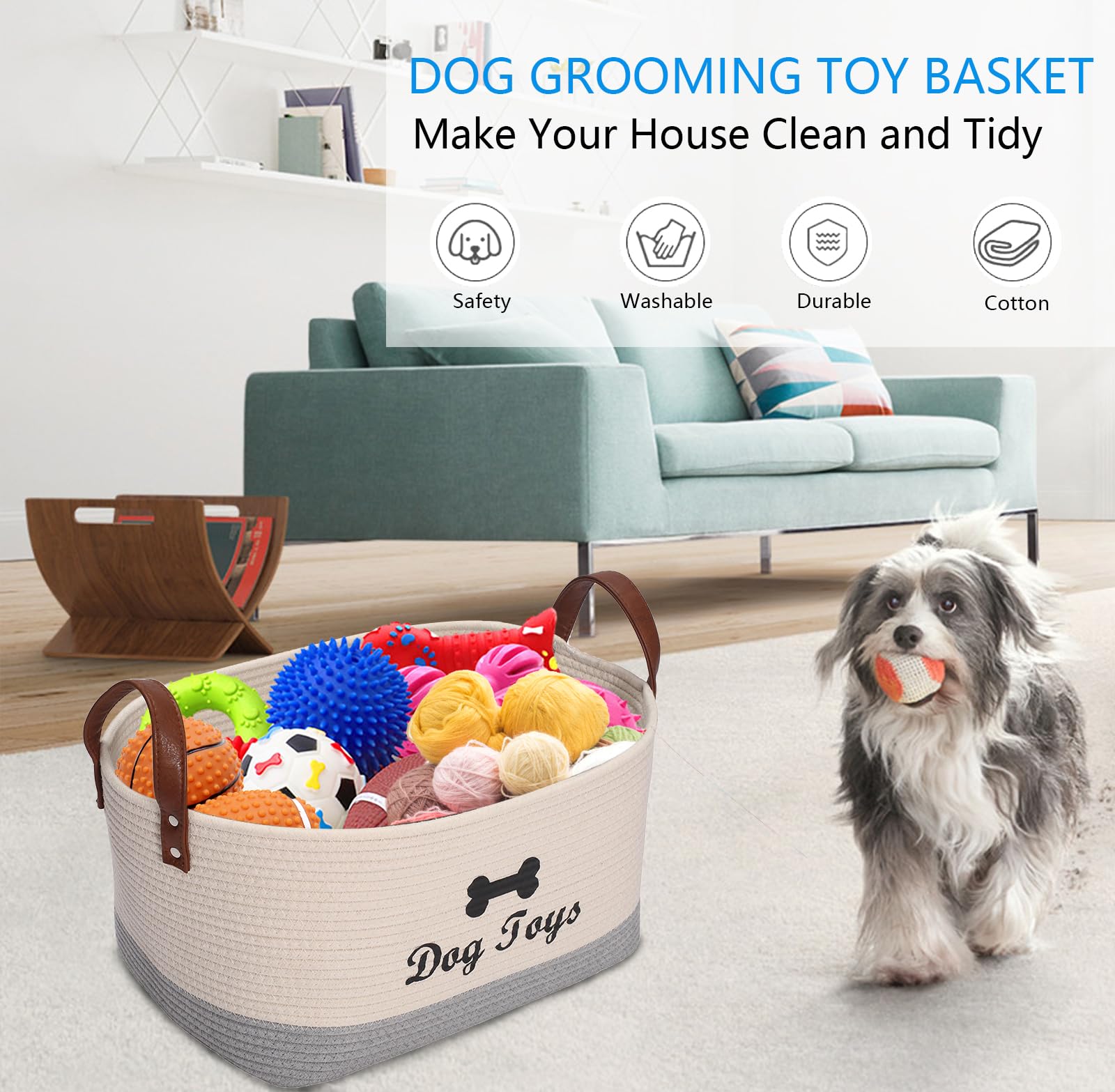 Morezi dog toy basket handles extended demonstrate easy transport around the home.