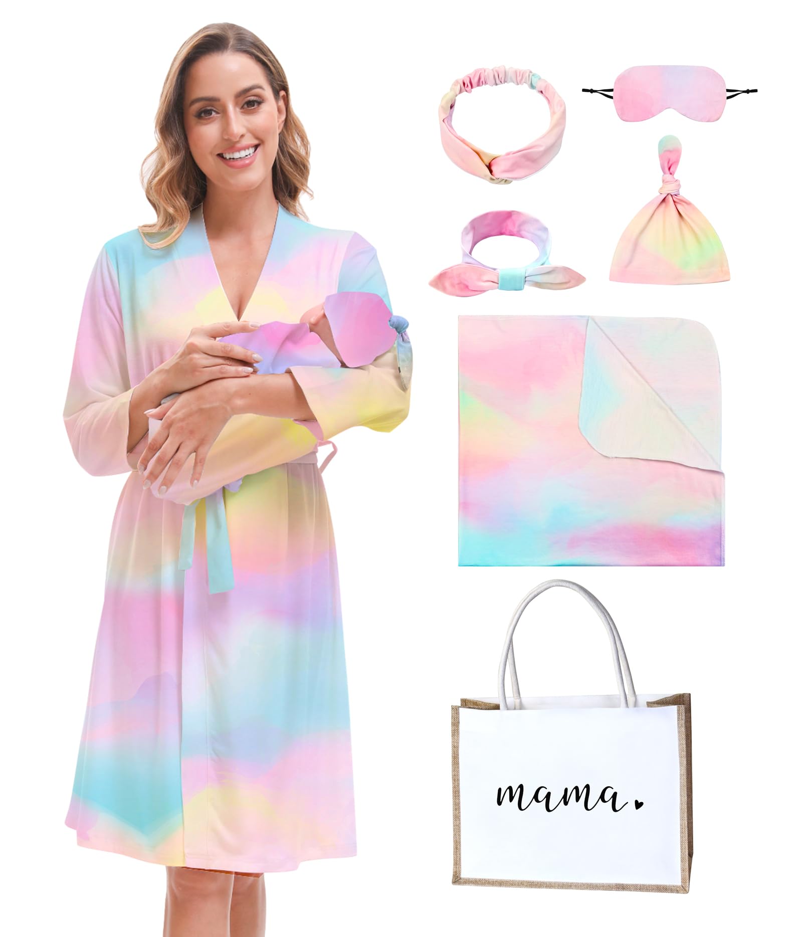 MORFORU maternity robe and baby swaddle set hero image—cozy coordination for hospital wear and bonding.