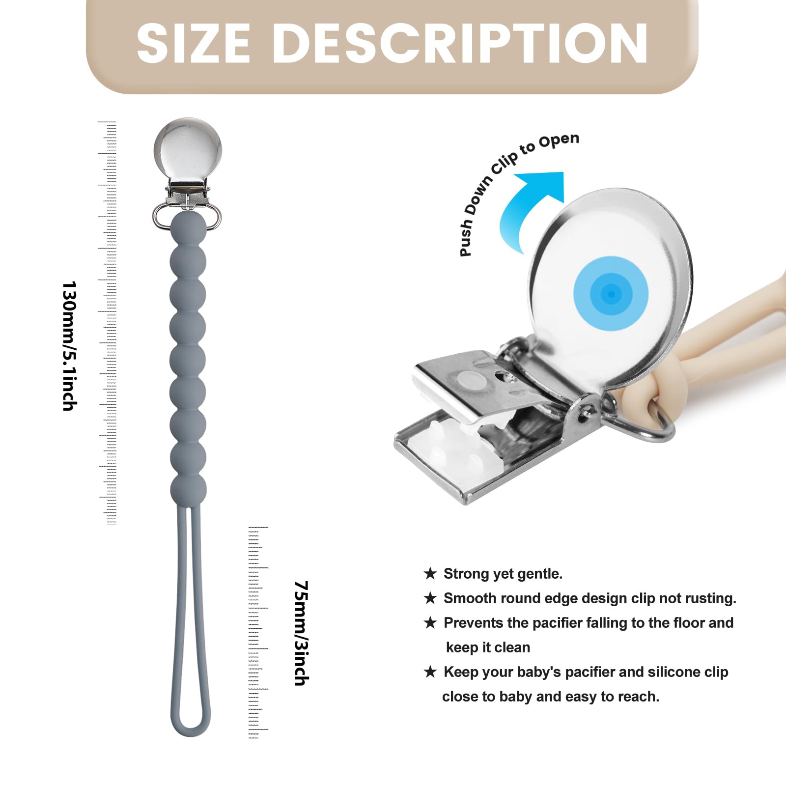 MORIBOX blue pacifier clip display shows easy grab on the go