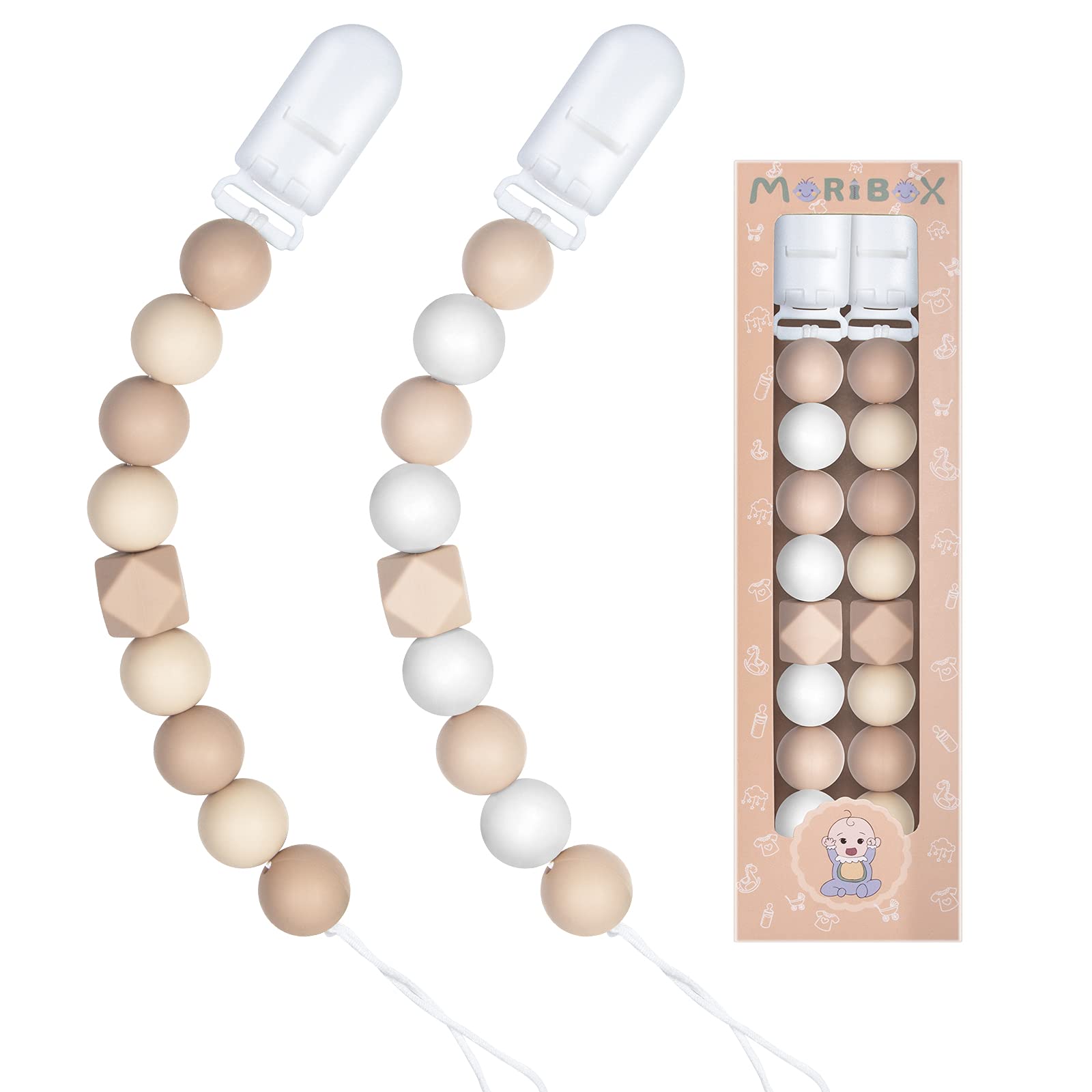 MORIBOX pacifier clips beige packaging—gift-ready presentation for baby showers.