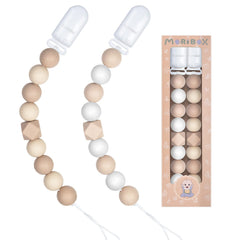 MORIBOX pacifier clips beige packaging—gift-ready presentation for baby showers.