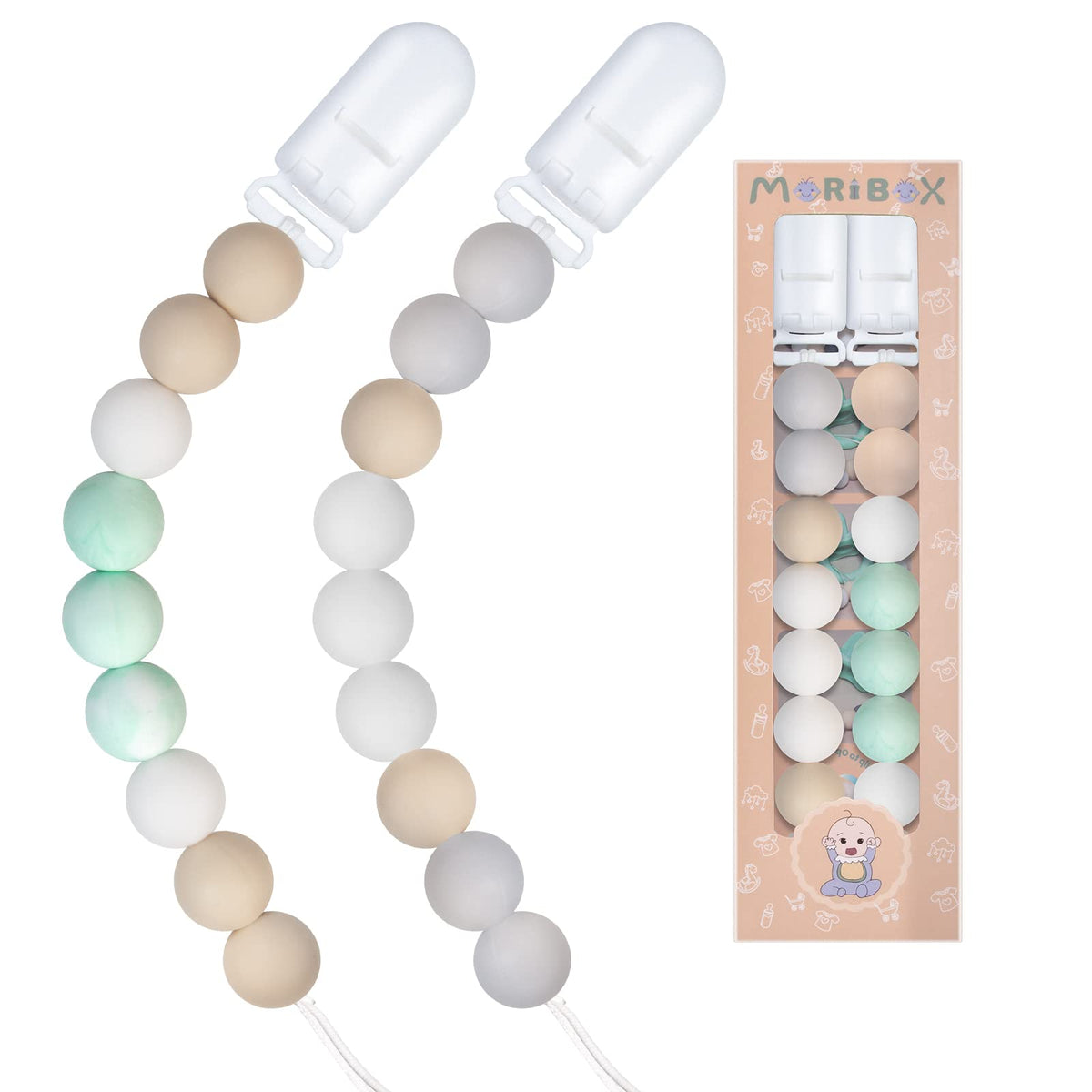 MORIBOX pacifier clips white-green pack keeps pacifiers close for baby.