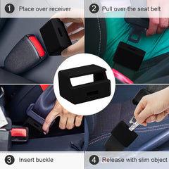 MORLIKE LIVING buckle guard installed in car seat illustrates universal fit with standard seatbelts