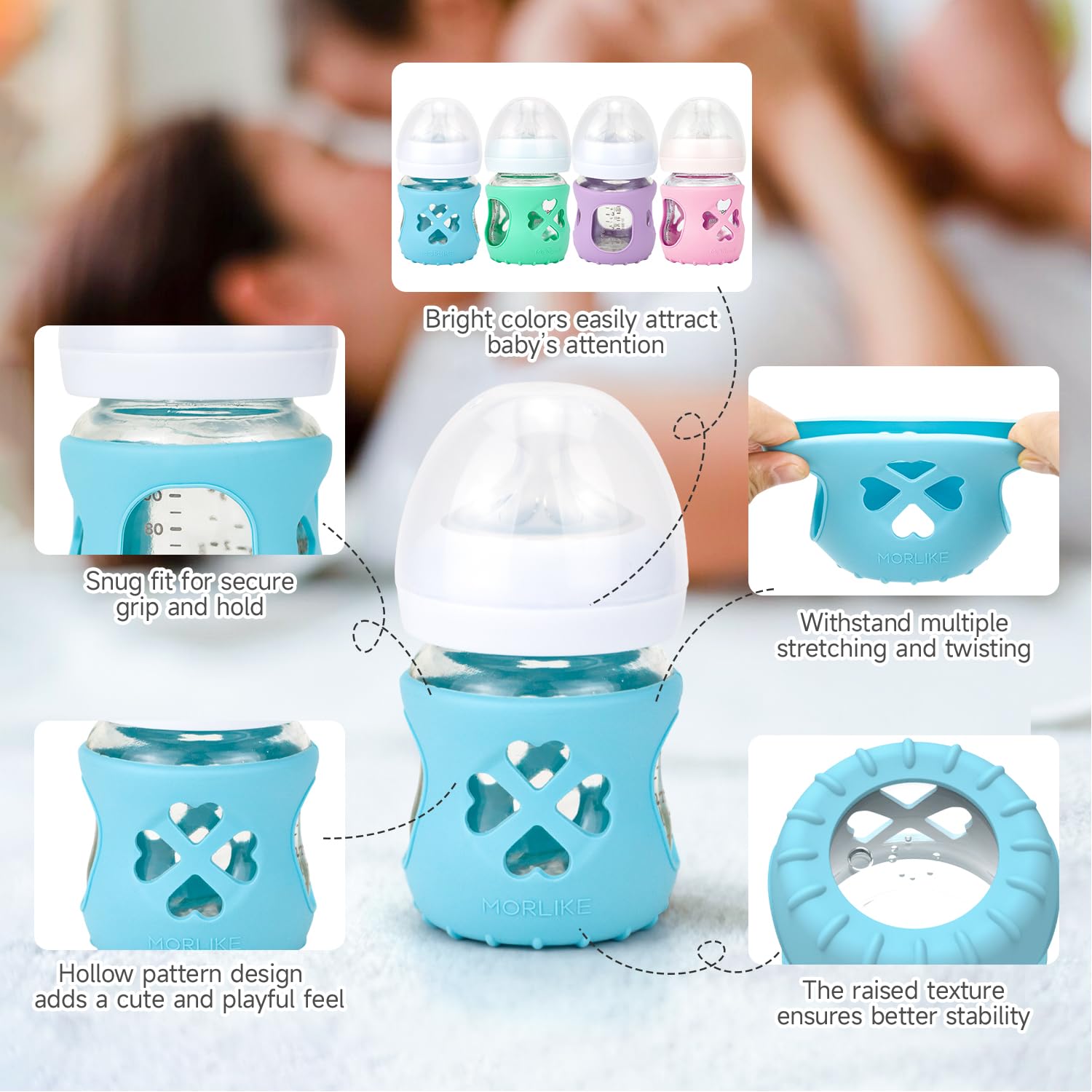 Morlike Living four-pack silicone bottle sleeve set protects glass bottles during handling and washing