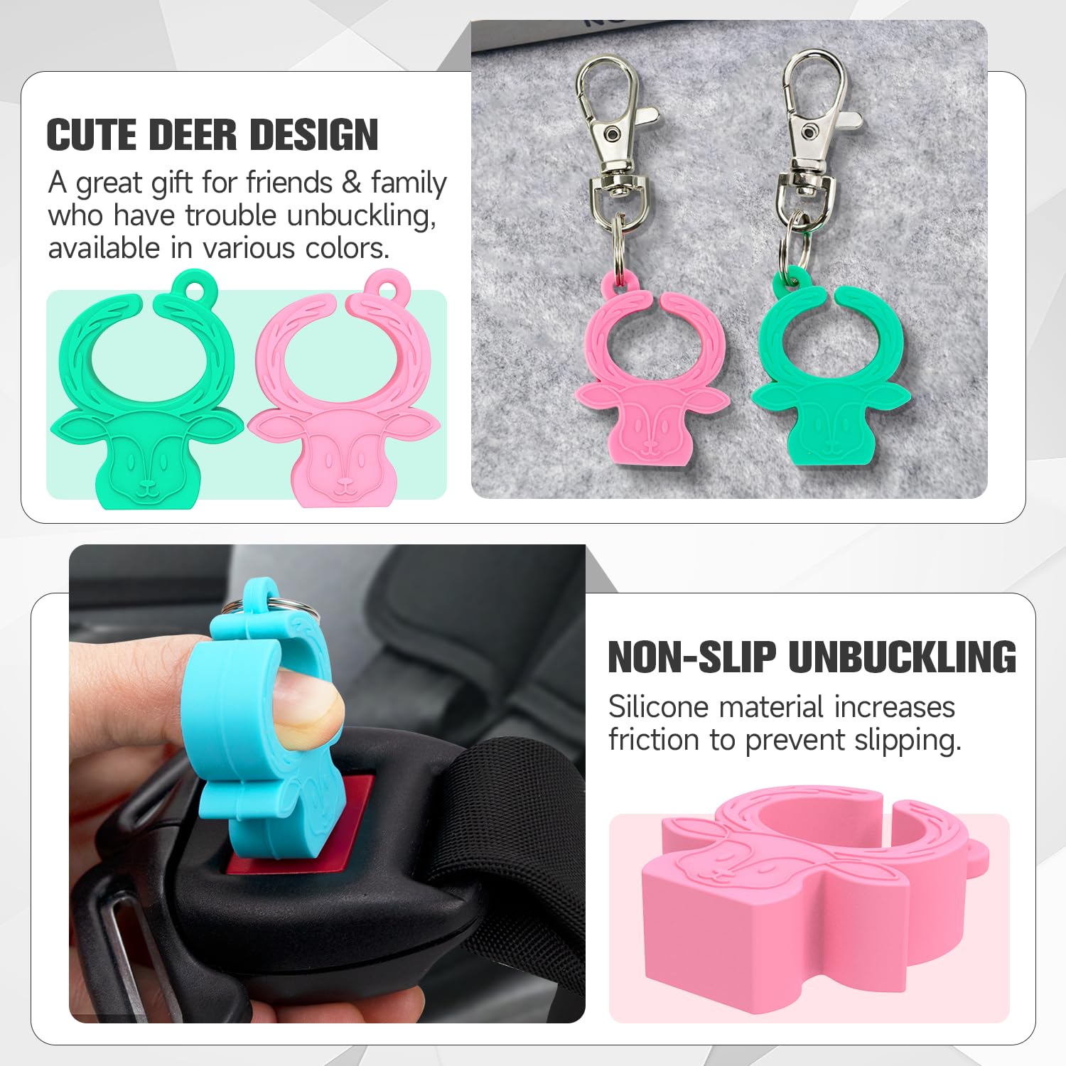 MORLIKE LIVING pink-green release tool in use for easy unbuckling during school drop-off.