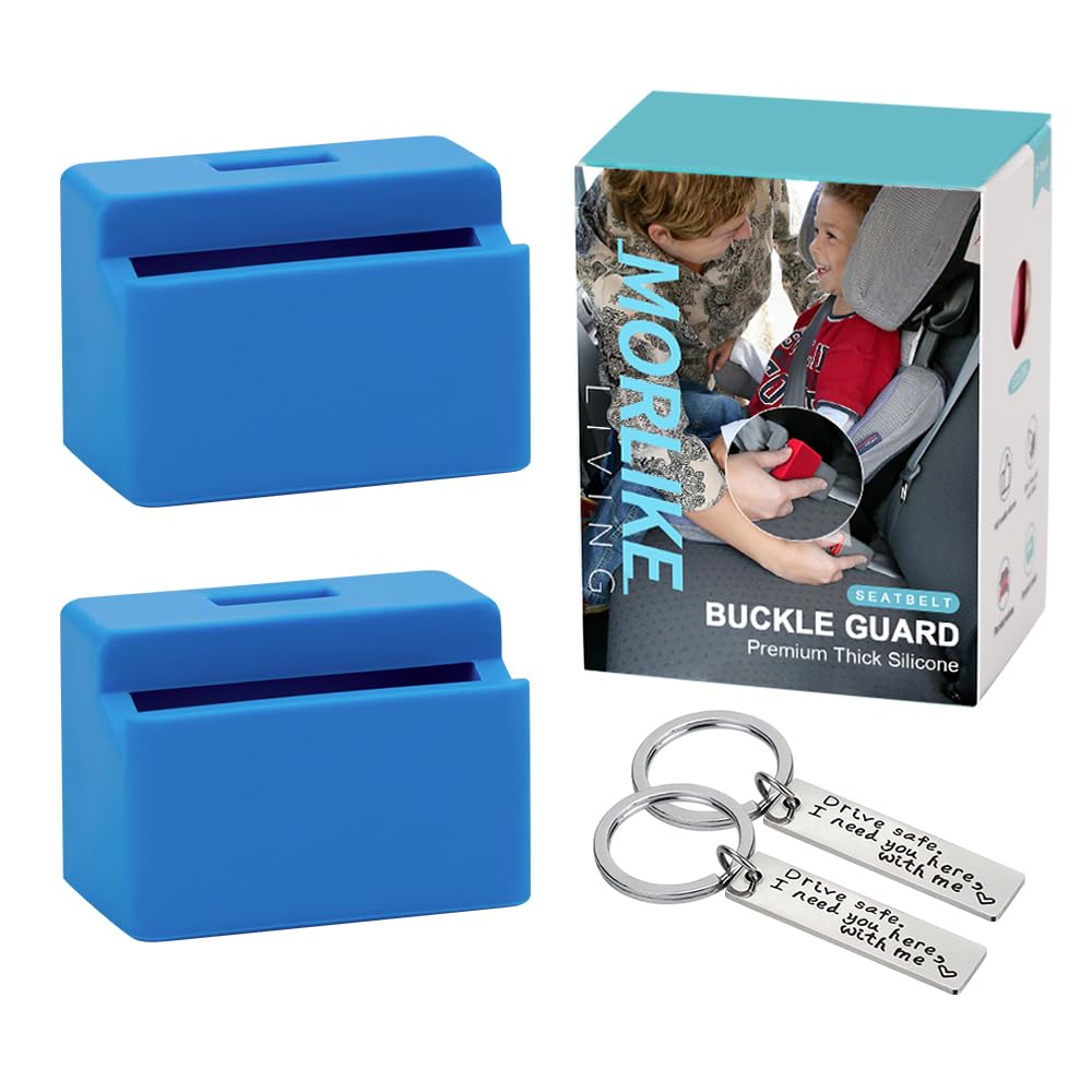 Morlike silicone seatbelt buckle blue2-2 PCAK closeup shows protective top grip for child safety.