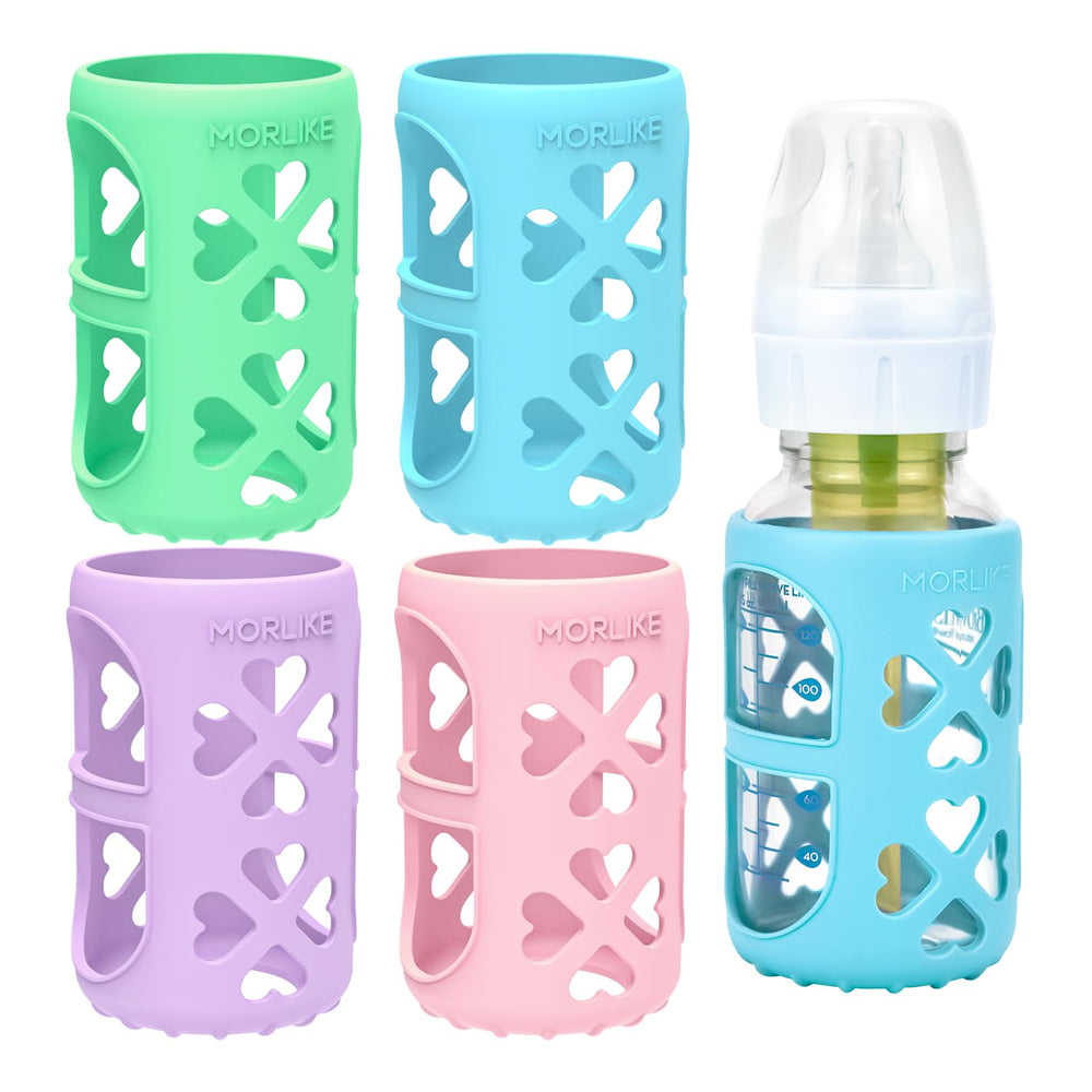 Morlke Living purple silicone sleeve on a 4oz bottle provides easy grip during feeding.