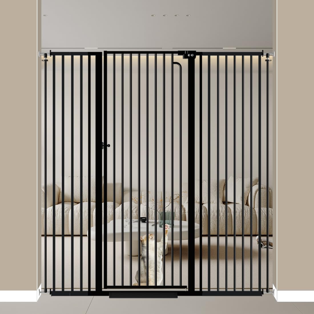 Mornyray 57tall-pet-gate-closed: tall gate keeps pets secure at stairways and doorways.
