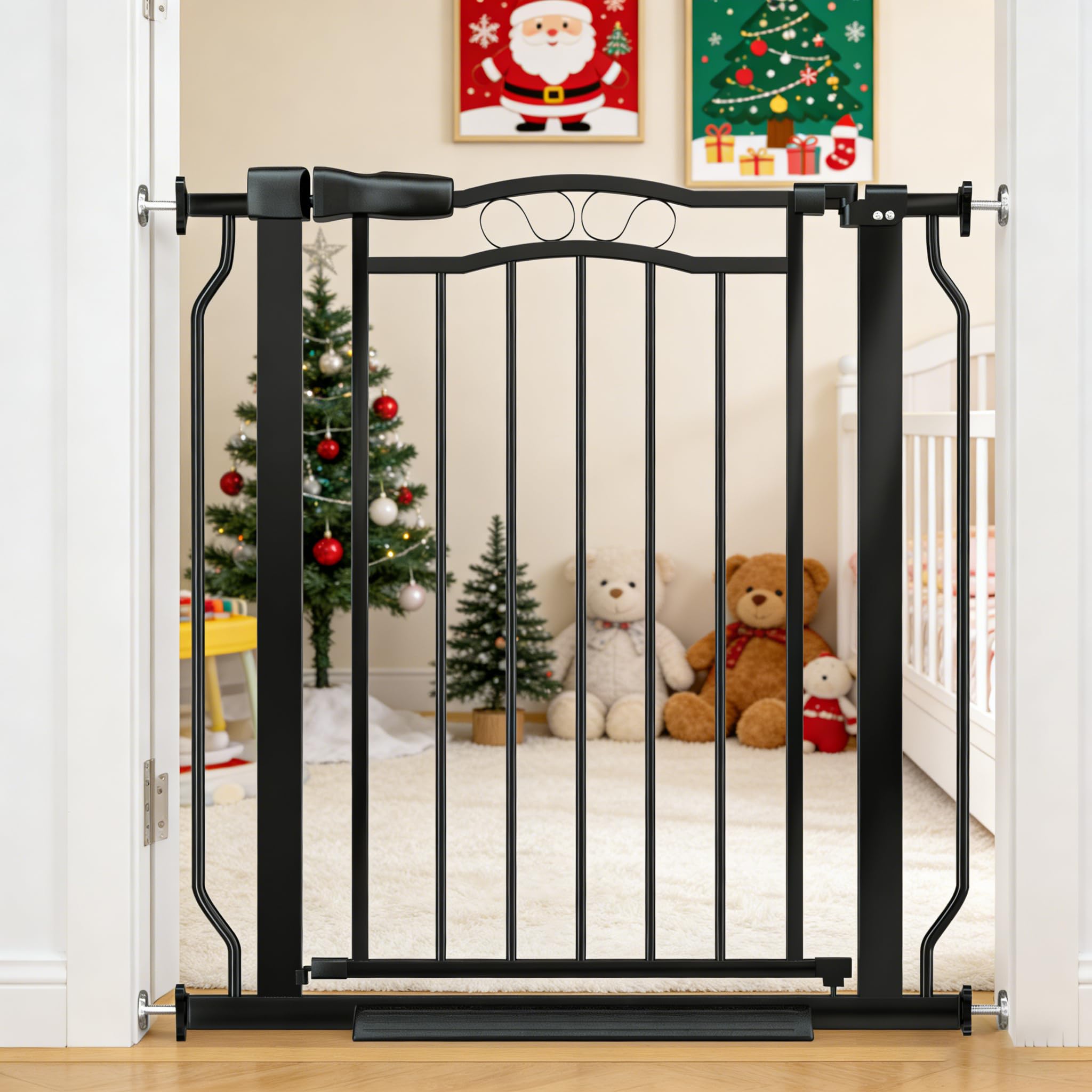 Mornyray baby gate extended to fit 29.53-33.85 inches for wide openings.